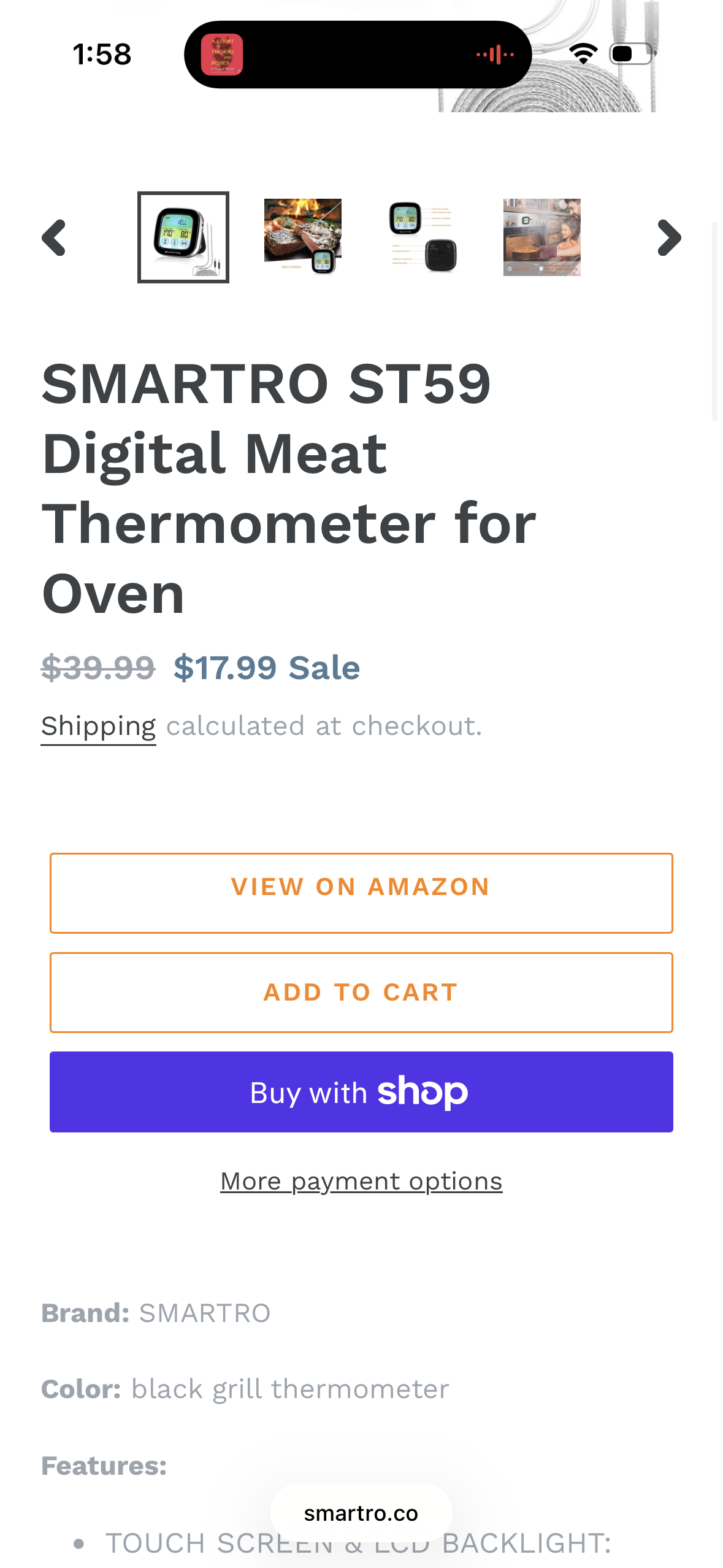 SMARTRO ST59 Digital Meat Thermometer for Oven BBQ Grill Kitchen Food Cooking with 1 Probe and Timer, LCD