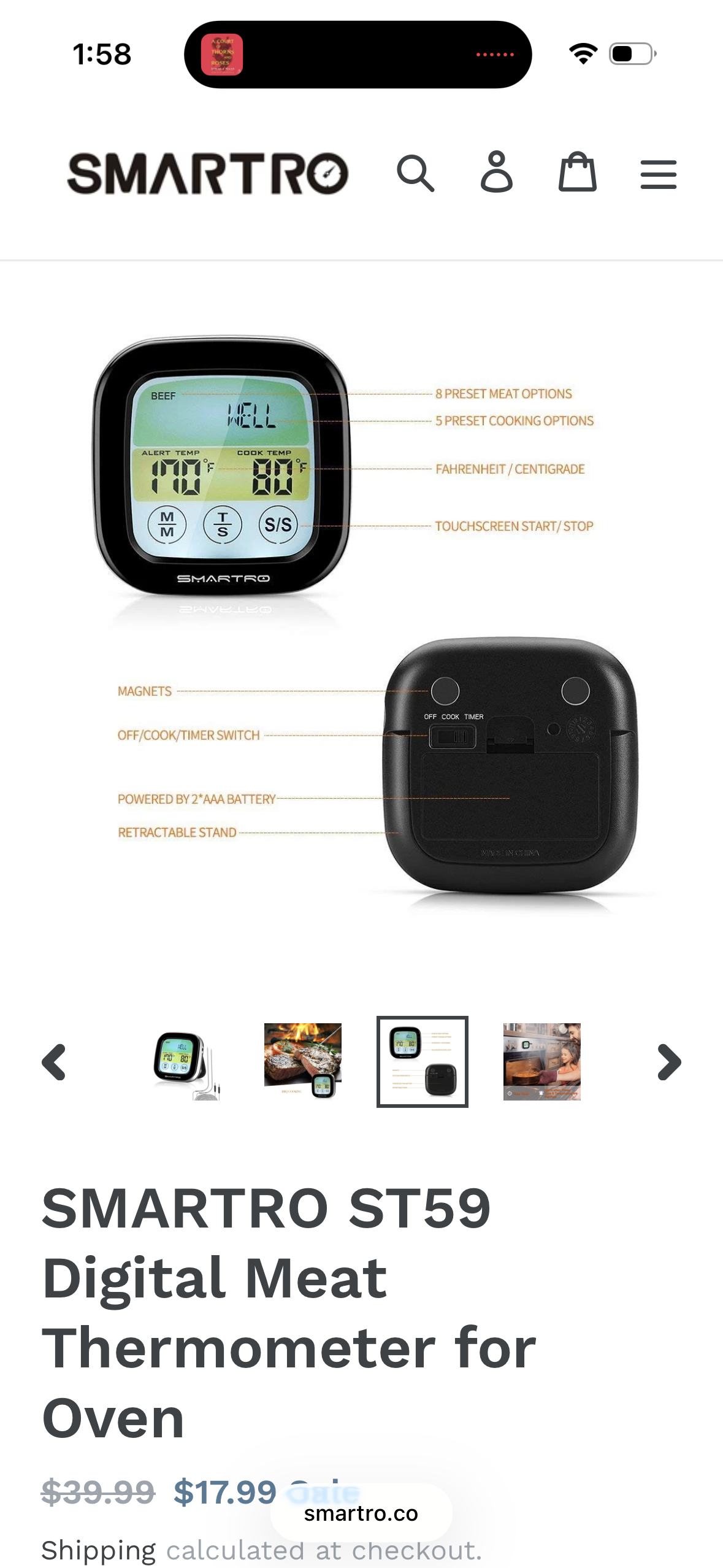 SMARTRO ST59 Digital Meat Thermometer for Oven BBQ Grill Kitchen Food Cooking with 1 Probe and Timer, LCD