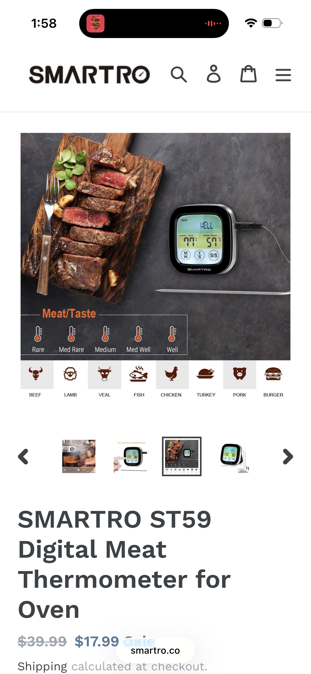 SMARTRO ST59 Digital Meat Thermometer for Oven BBQ Grill Kitchen Food Cooking with 1 Probe and Timer, LCD
