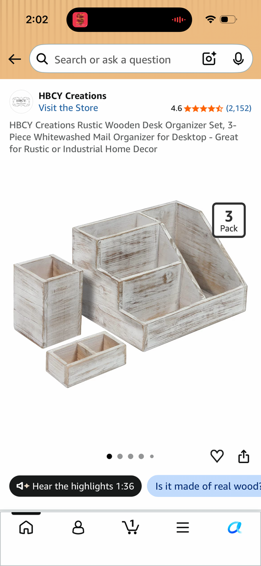 HBCY Creations Rustic Wooden Desk Organizer Set, 3-Piece Whitewashed Mail Organizer for Desktop - Great for Rustic or Industrial Home Decor