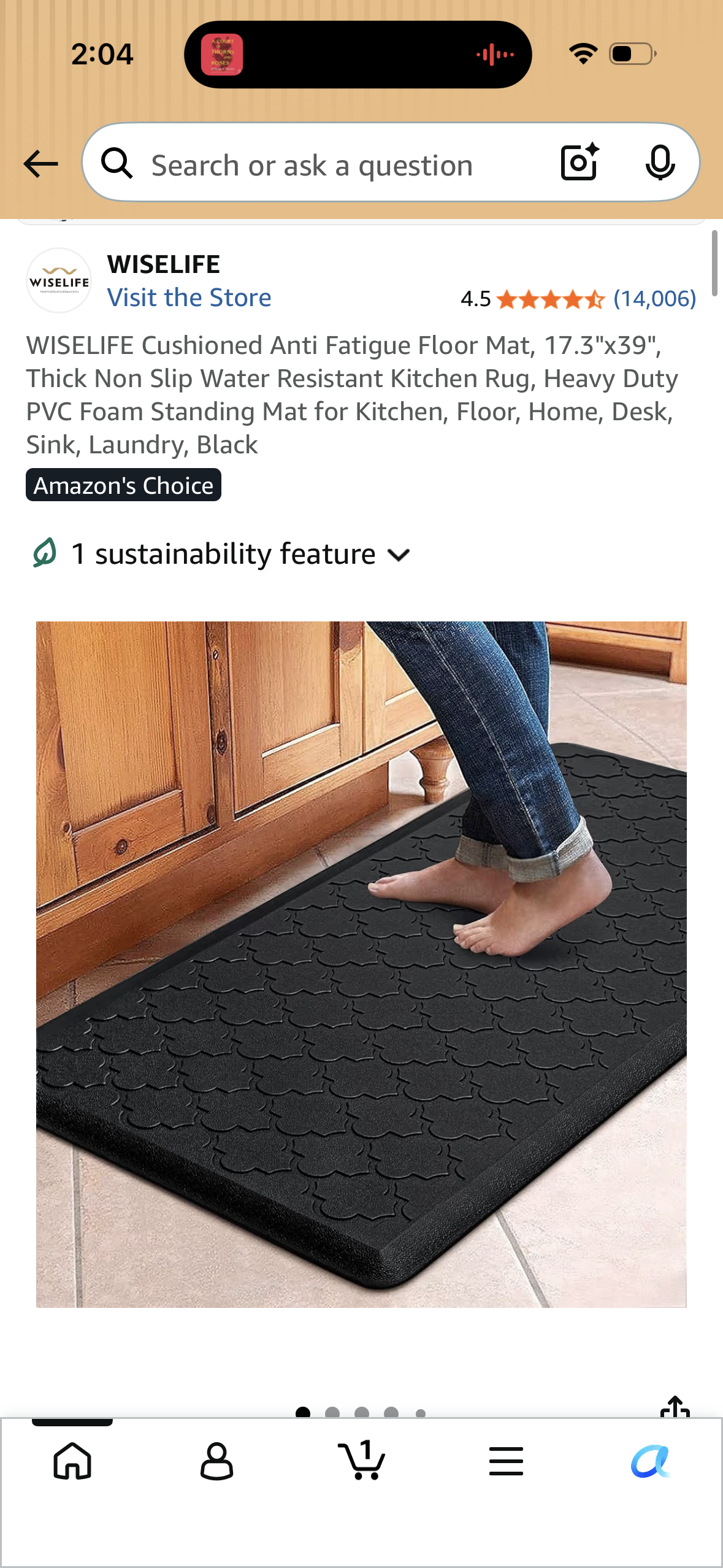 WISELIFE Cushioned Anti Fatigue Floor Mat, 17.3"x39", Thick Non Slip Water Resistant Kitchen Rug, Heavy Duty PVC Foam Standing Mat for Kitchen, Floor, Home, Desk, Sink, Laundry, Black