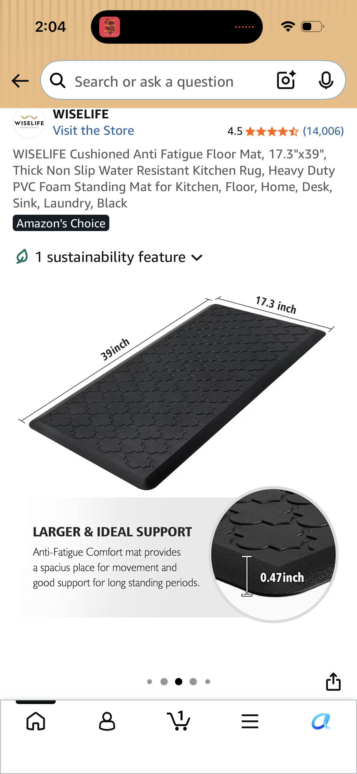 WISELIFE Cushioned Anti Fatigue Floor Mat, 17.3"x39", Thick Non Slip Water Resistant Kitchen Rug, Heavy Duty PVC Foam Standing Mat for Kitchen, Floor, Home, Desk, Sink, Laundry, Black