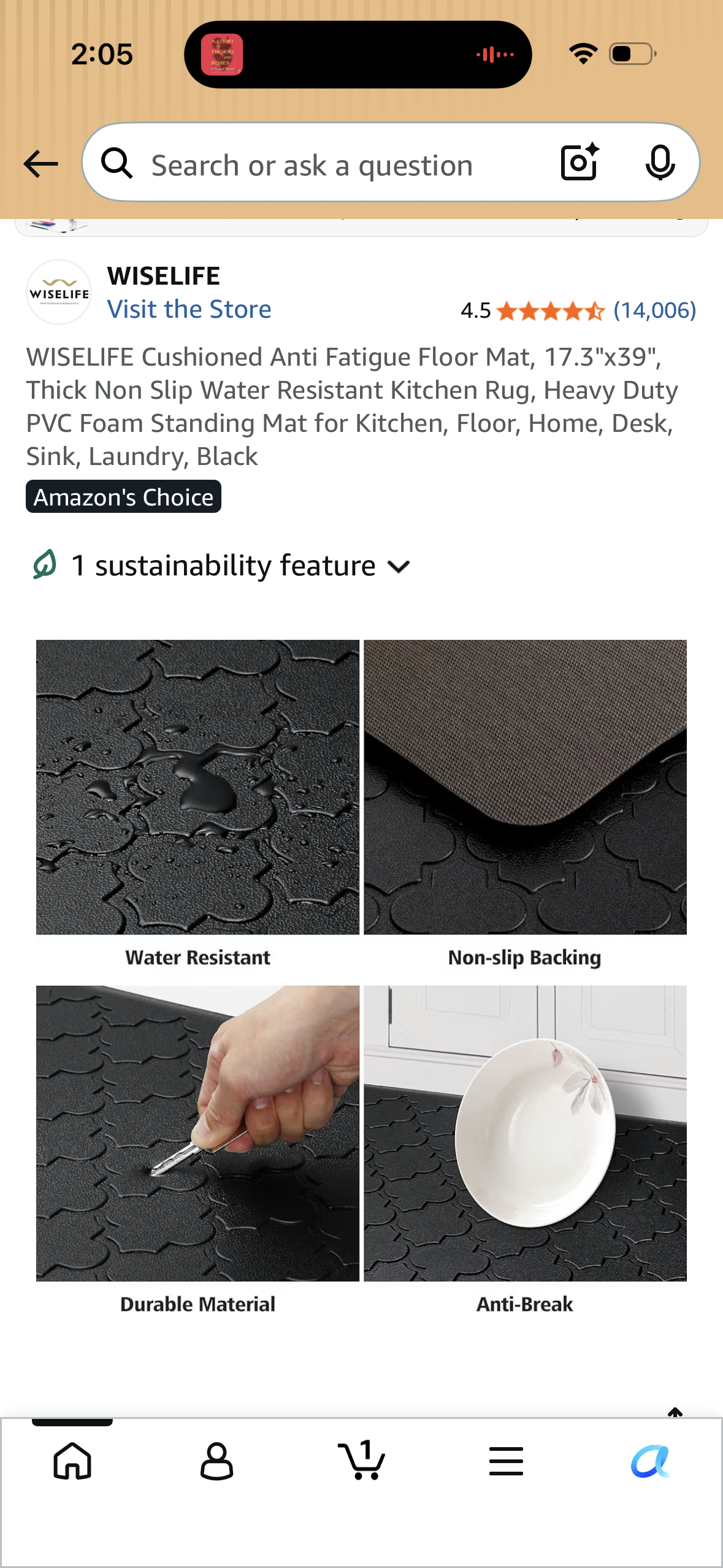 WISELIFE Cushioned Anti Fatigue Floor Mat, 17.3"x39", Thick Non Slip Water Resistant Kitchen Rug, Heavy Duty PVC Foam Standing Mat for Kitchen, Floor, Home, Desk, Sink, Laundry, Black