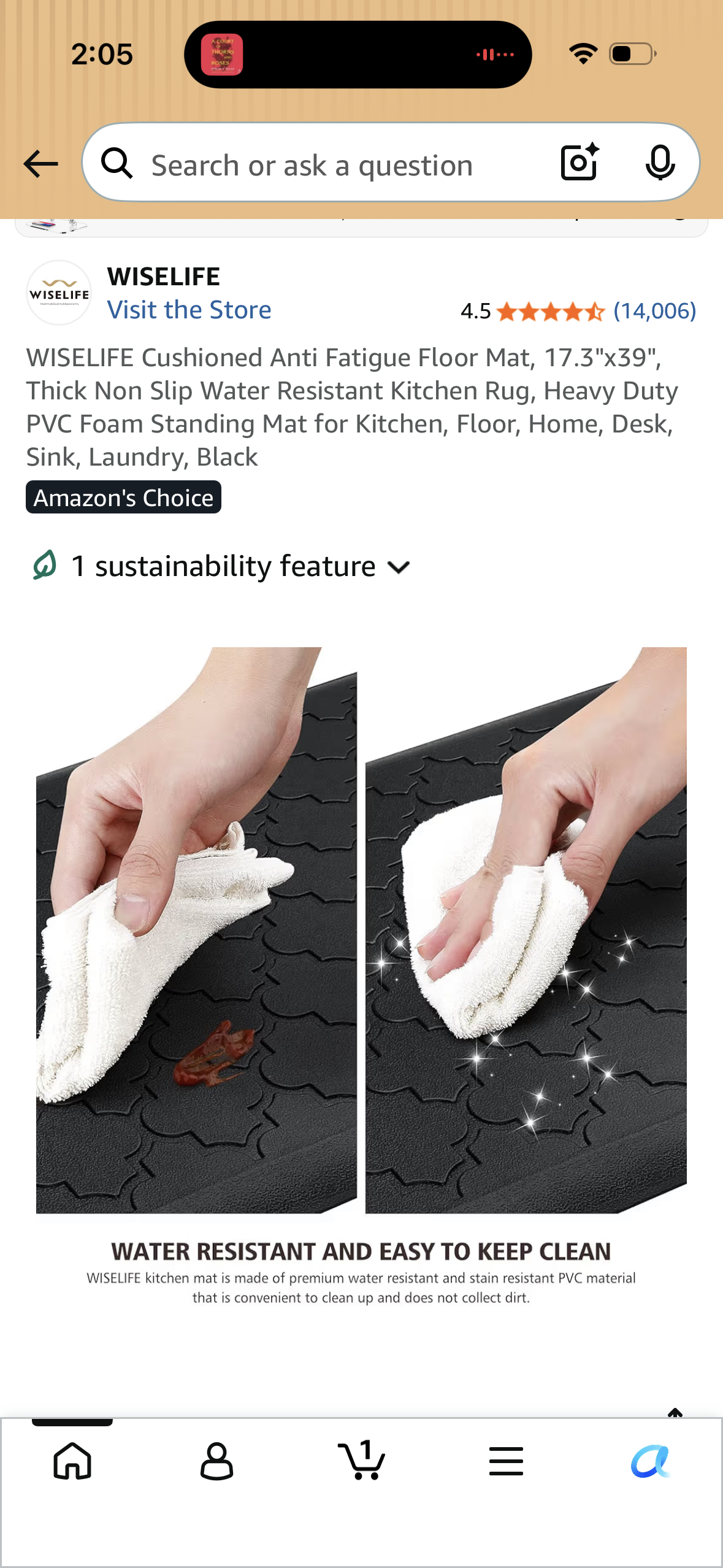 WISELIFE Cushioned Anti Fatigue Floor Mat, 17.3"x39", Thick Non Slip Water Resistant Kitchen Rug, Heavy Duty PVC Foam Standing Mat for Kitchen, Floor, Home, Desk, Sink, Laundry, Black