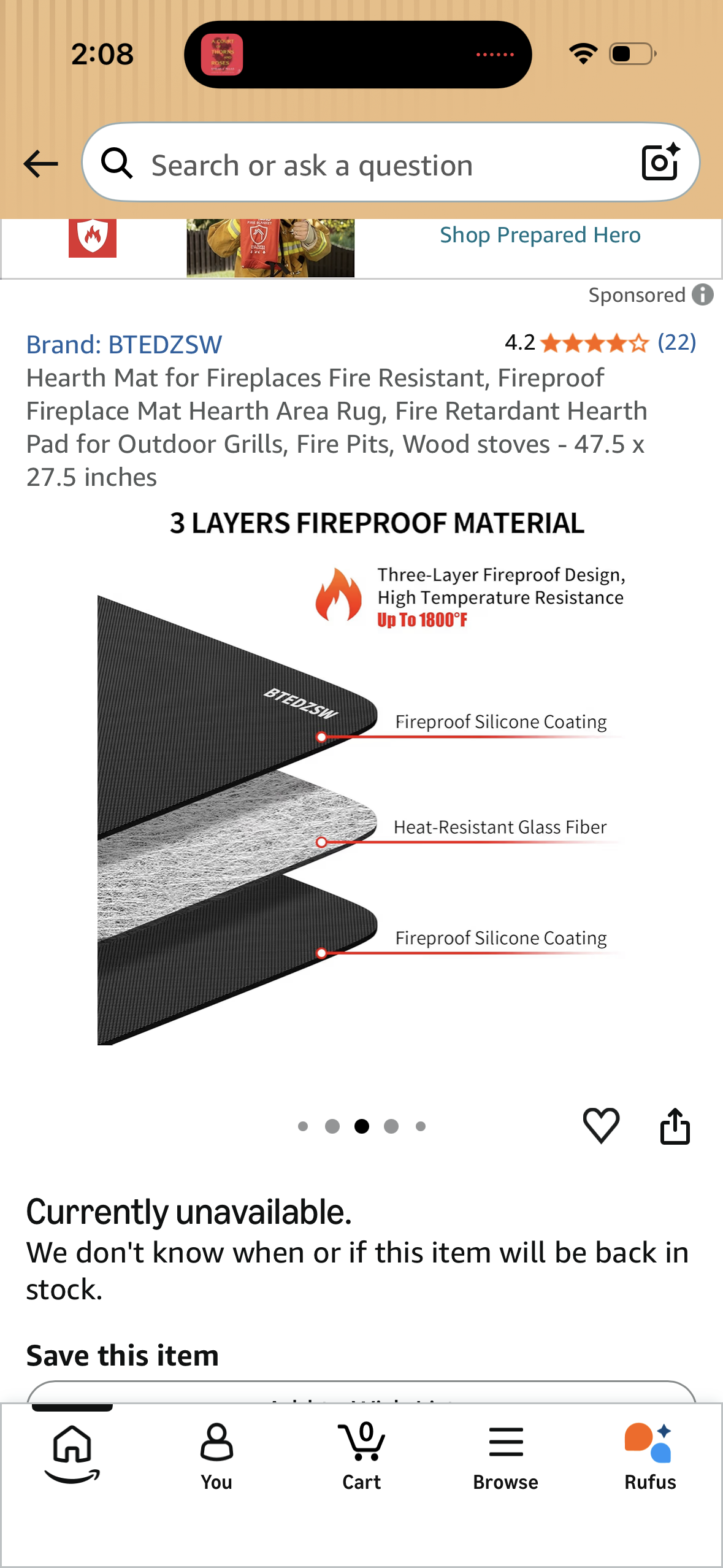 Hearth Mat for Fireplaces Fire Resistant, Fireproof Fireplace Mat Hearth Area Rug, Fire Retardant Hearth Pad for Outdoor Grills, Fire Pits, Wood stoves - 47.5 x 27.5 inches