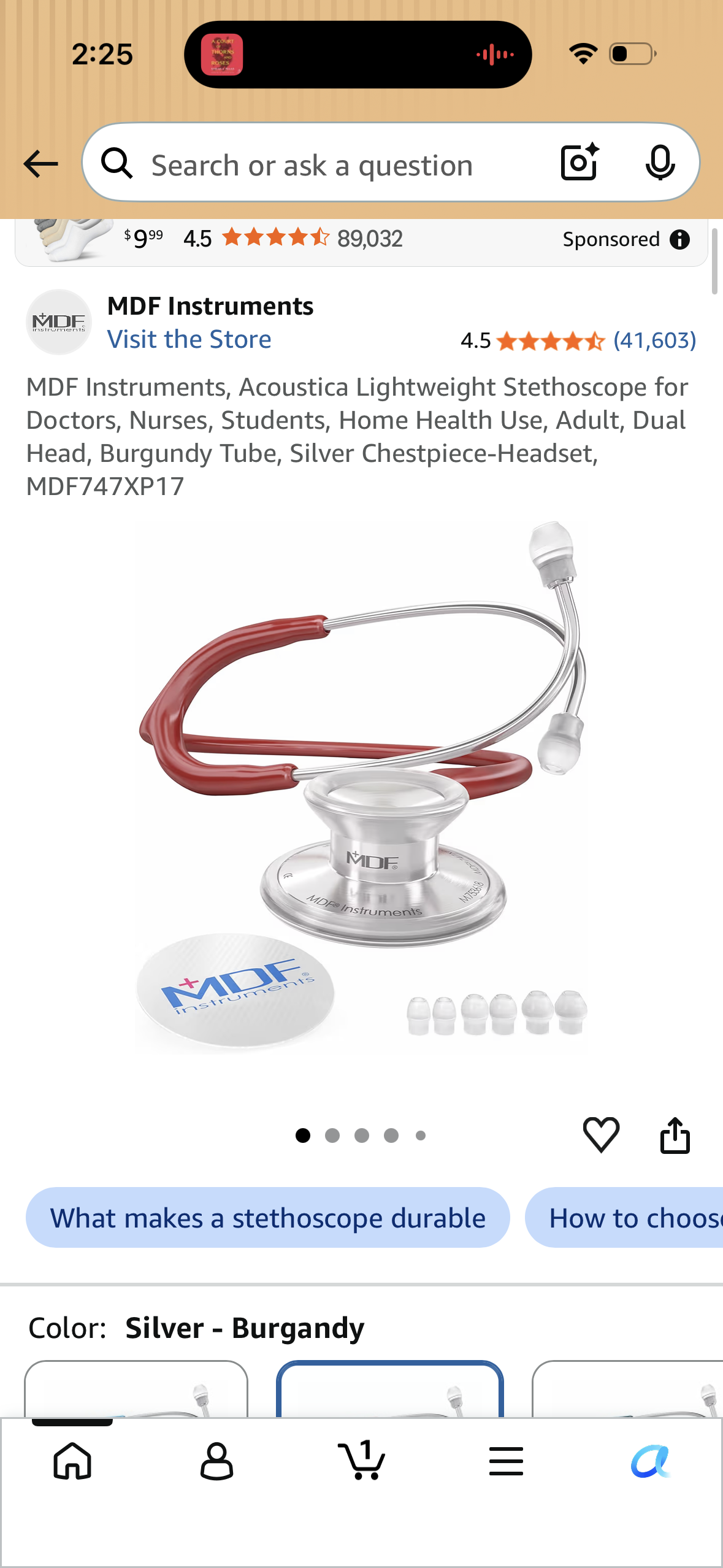 MDF Instruments, Acoustica Lightweight Stethoscope for Doctors, Nurses, Students, Home Health Use, Adult, Dual Head, Burgundy Tube, Silver Chestpiece-Headset, MDF747XP17