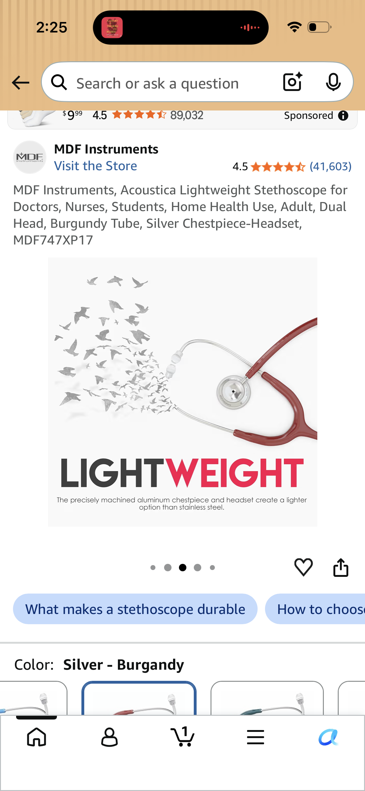 MDF Instruments, Acoustica Lightweight Stethoscope for Doctors, Nurses, Students, Home Health Use, Adult, Dual Head, Burgundy Tube, Silver Chestpiece-Headset, MDF747XP17