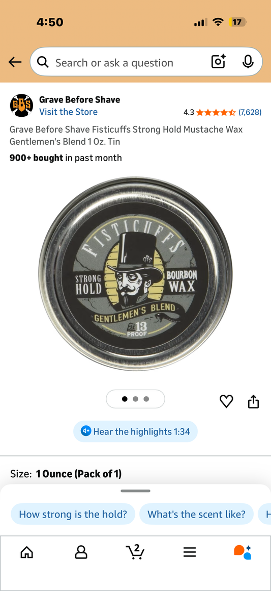 Grave Before Shave Fisticuffs Strong Hold Mustache Wax Gentlemen's Blend 1 Oz. Tin