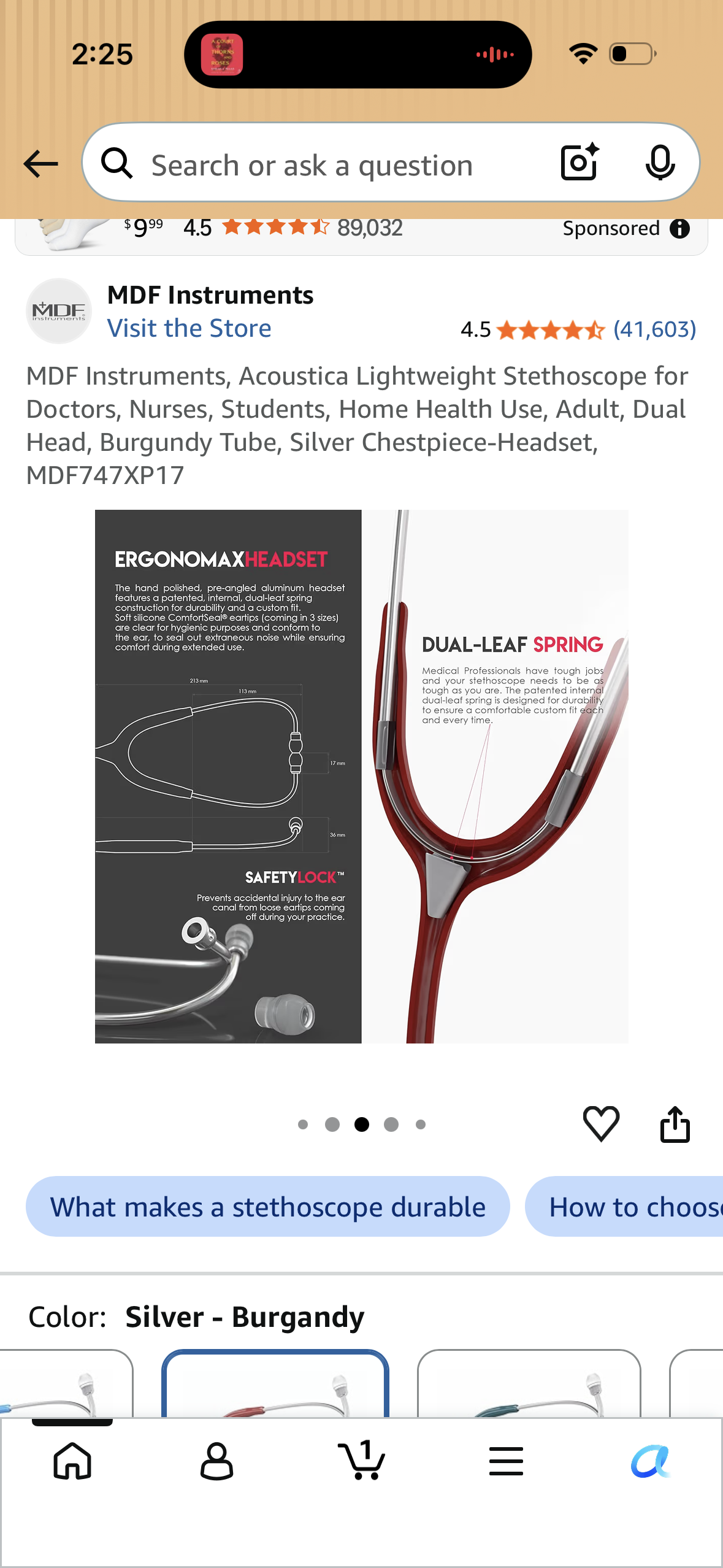 MDF Instruments, Acoustica Lightweight Stethoscope for Doctors, Nurses, Students, Home Health Use, Adult, Dual Head, Burgundy Tube, Silver Chestpiece-Headset, MDF747XP17