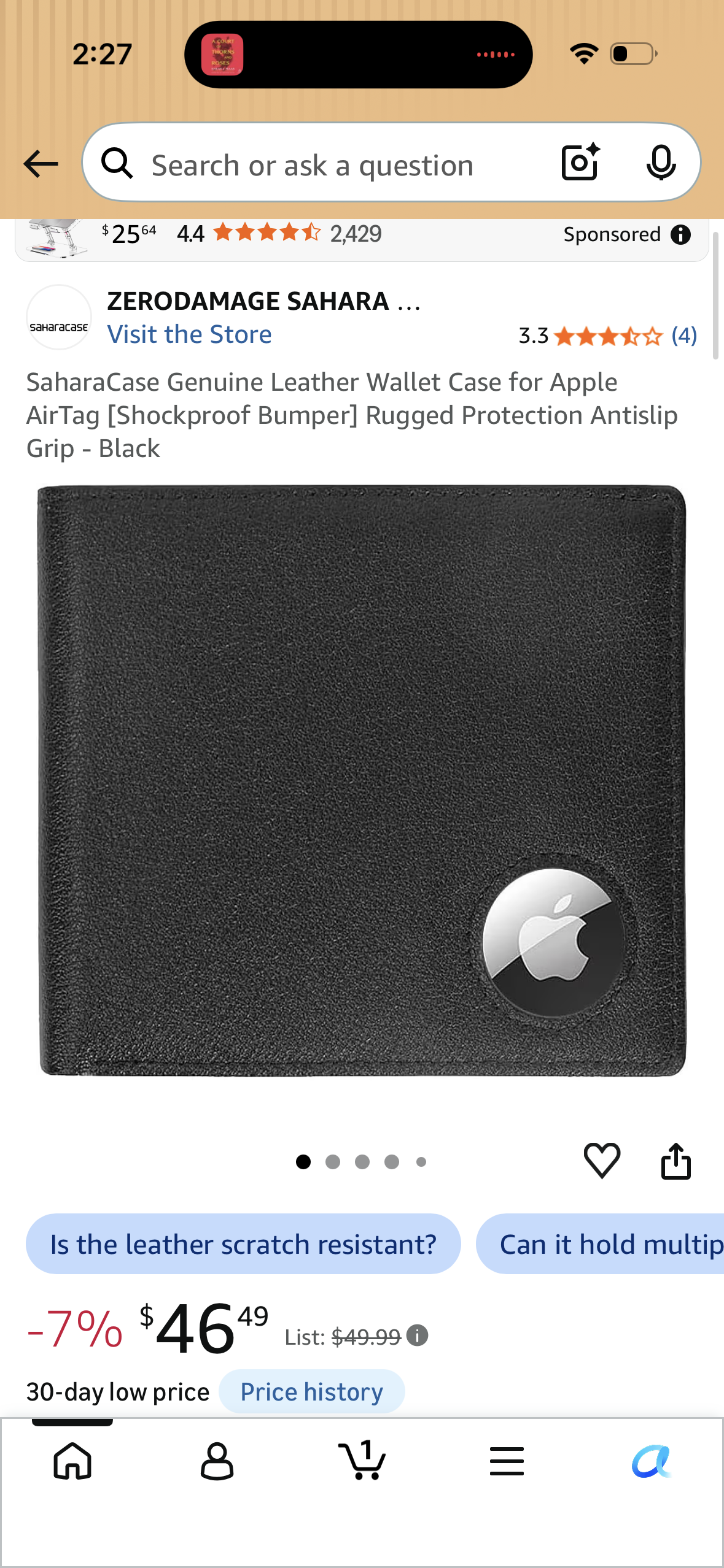 SaharaCase Genuine Leather Wallet Case for Apple AirTag [Shockproof Bumper] Rugged Protection Antislip Grip - Black