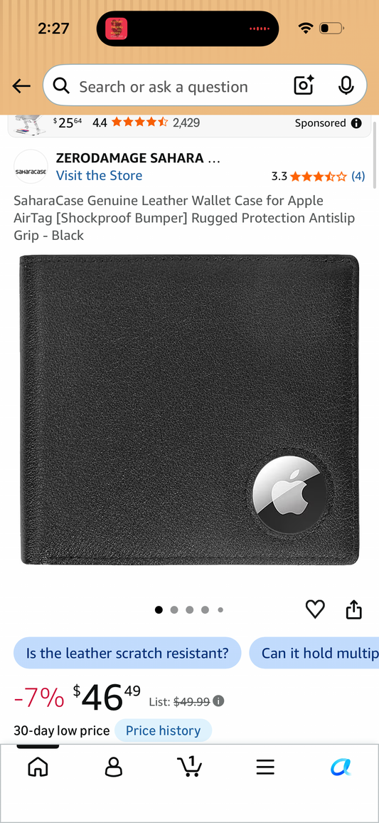 SaharaCase Genuine Leather Wallet Case for Apple AirTag [Shockproof Bumper] Rugged Protection Antislip Grip - Black