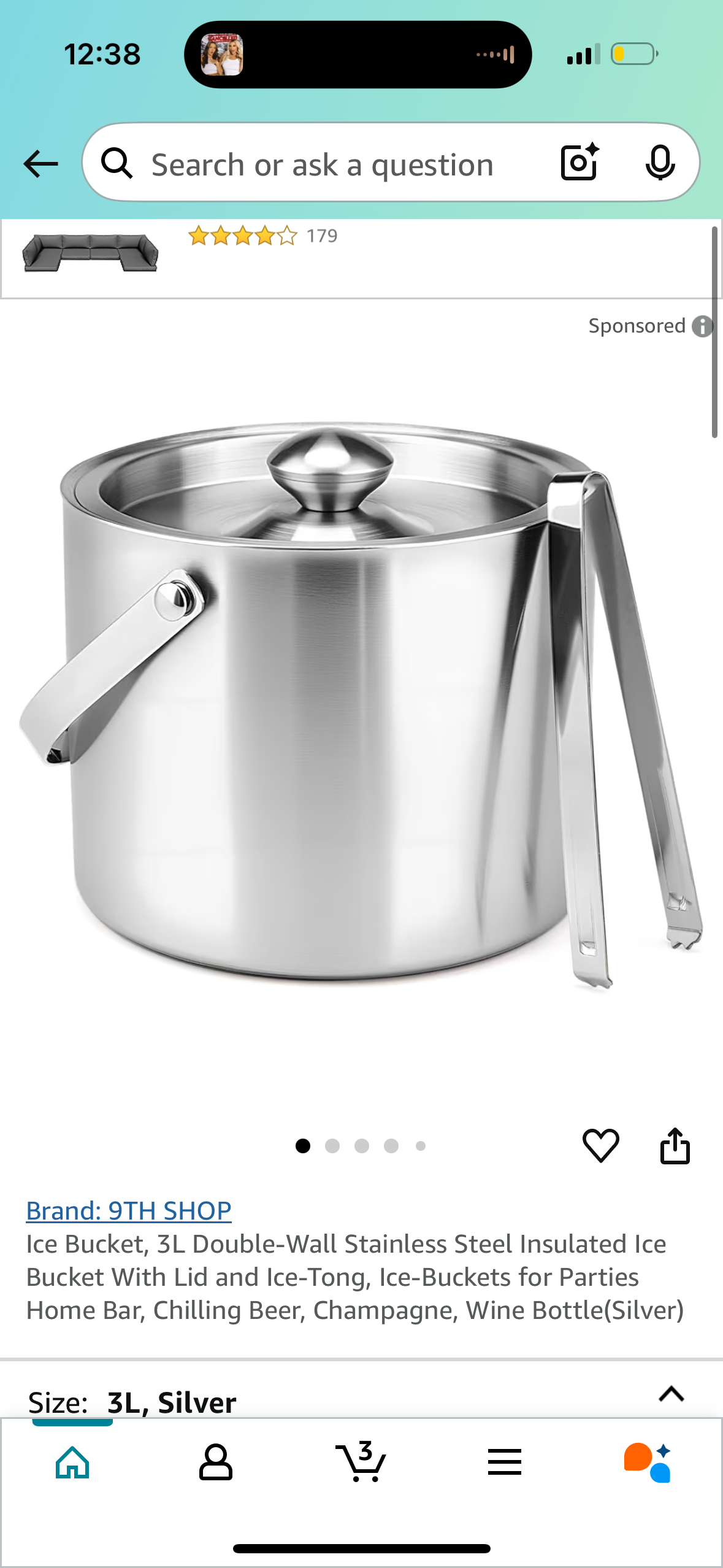 Ice Bucket, 3L Double-Wall Stainless Steel Insulated Ice Bucket With Lid and Ice-Tong, Ice-Buckets for Parties Home Bar, Chilling Beer, Champagne, Wine Bottle(Silver)