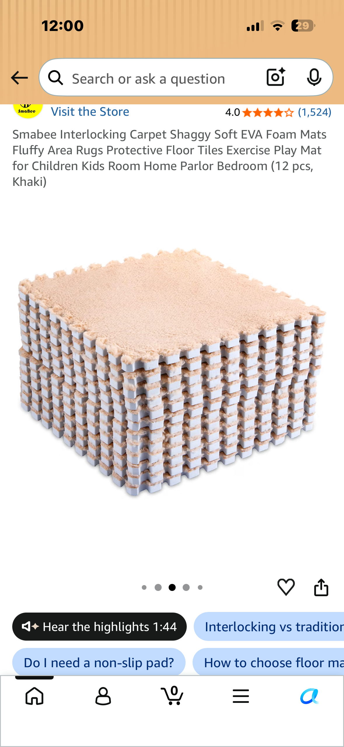 Interlocking Carpet Squared, Shaggy, Soft EVA Foam Mats, Fluffy Area Rug, Protective Floor Tiles, Exercise, Play Mat for Kids Room, Home Parlor, Bedroom (12 pcs, Khaki)