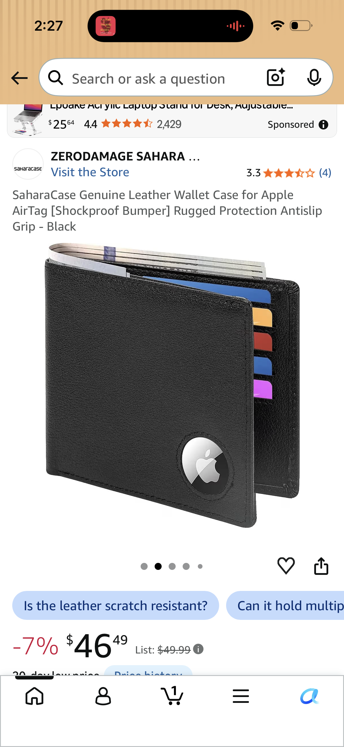 SaharaCase Genuine Leather Wallet Case for Apple AirTag [Shockproof Bumper] Rugged Protection Antislip Grip - Black