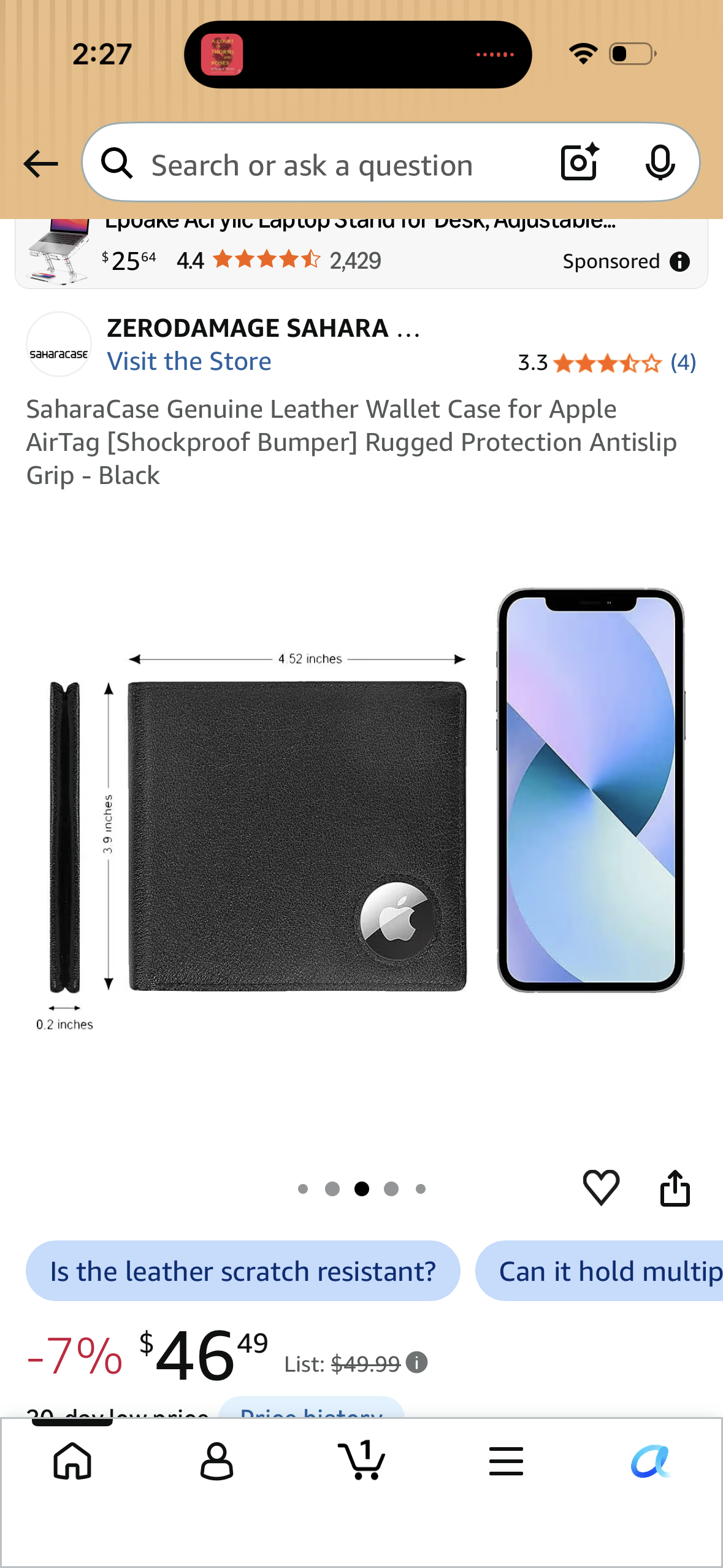 SaharaCase Genuine Leather Wallet Case for Apple AirTag [Shockproof Bumper] Rugged Protection Antislip Grip - Black