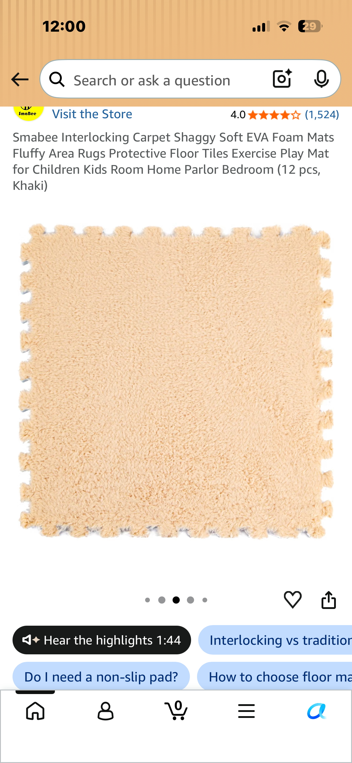Interlocking Carpet Squared, Shaggy, Soft EVA Foam Mats, Fluffy Area Rug, Protective Floor Tiles, Exercise, Play Mat for Kids Room, Home Parlor, Bedroom (12 pcs, Khaki)
