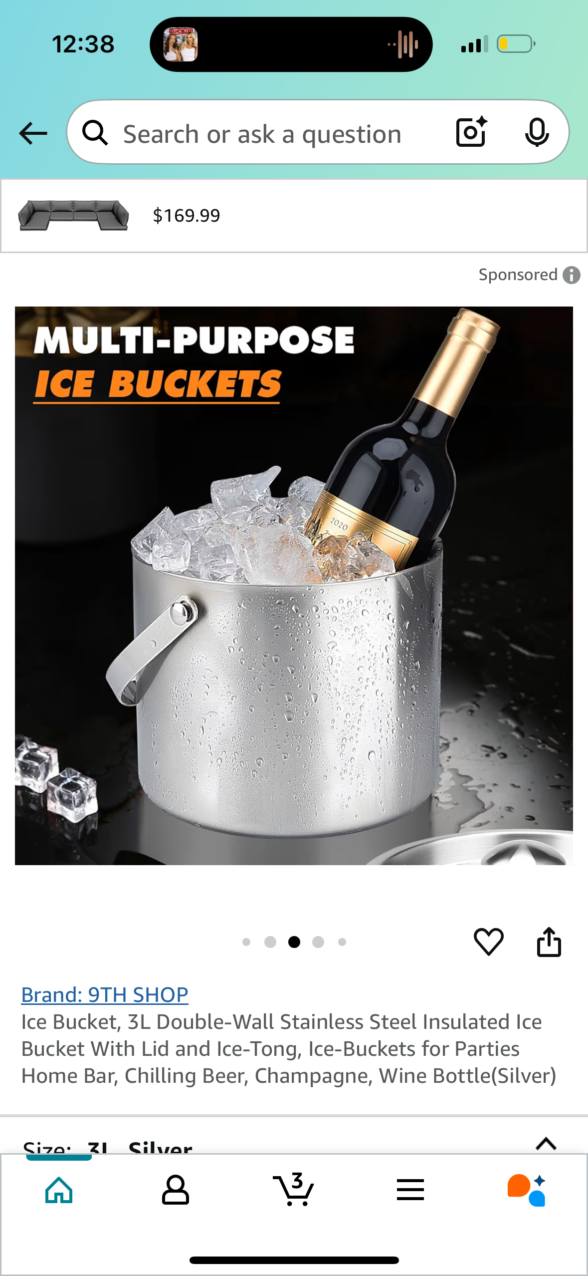 Ice Bucket, 3L Double-Wall Stainless Steel Insulated Ice Bucket With Lid and Ice-Tong, Ice-Buckets for Parties Home Bar, Chilling Beer, Champagne, Wine Bottle(Silver)