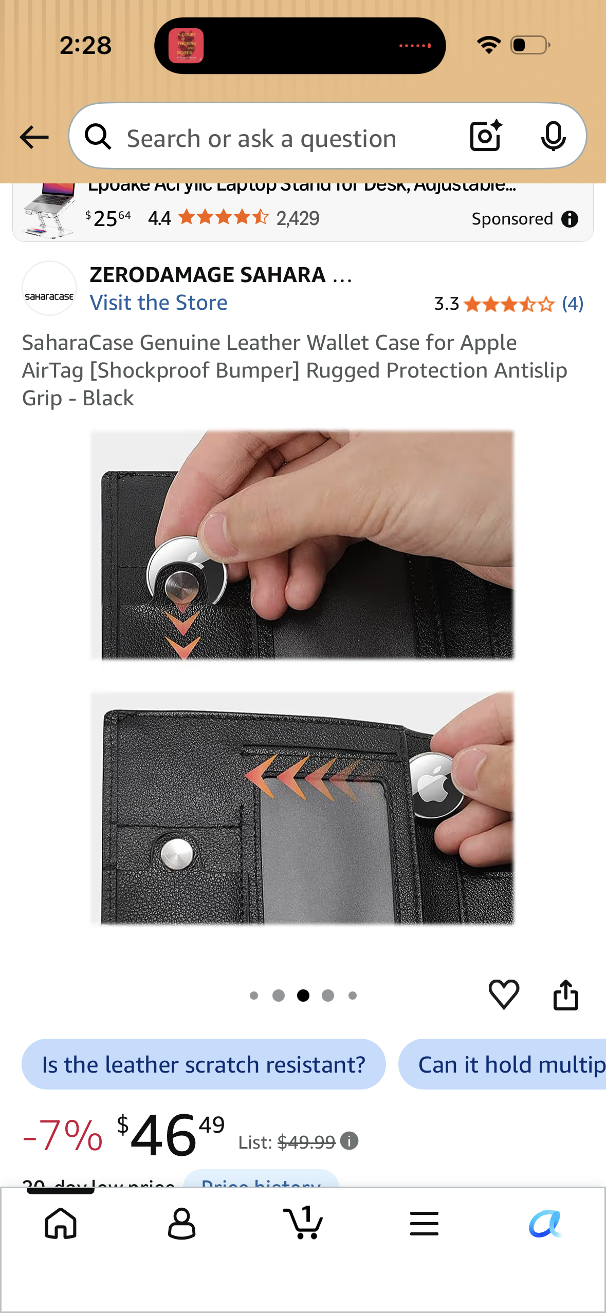 SaharaCase Genuine Leather Wallet Case for Apple AirTag [Shockproof Bumper] Rugged Protection Antislip Grip - Black