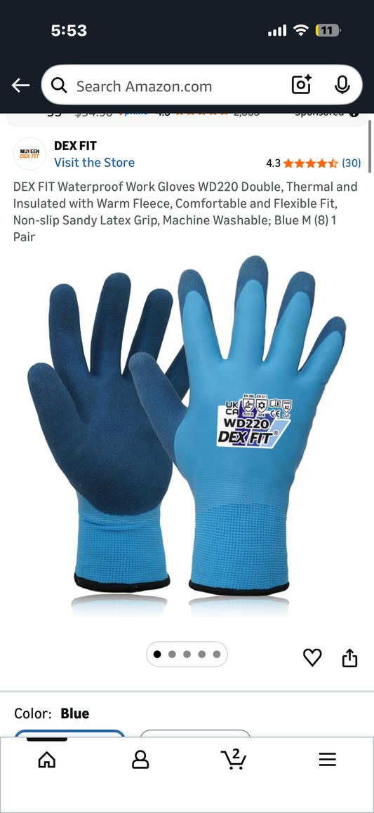 DEX FIT Waterproof Work Gloves WD220 Double, Thermal and Insulated with Warm Fleece, Comfortable and Flexible Fit, Non-slip Sandy Latex Grip, Machine Washable; Blue M (8) 1 Pair