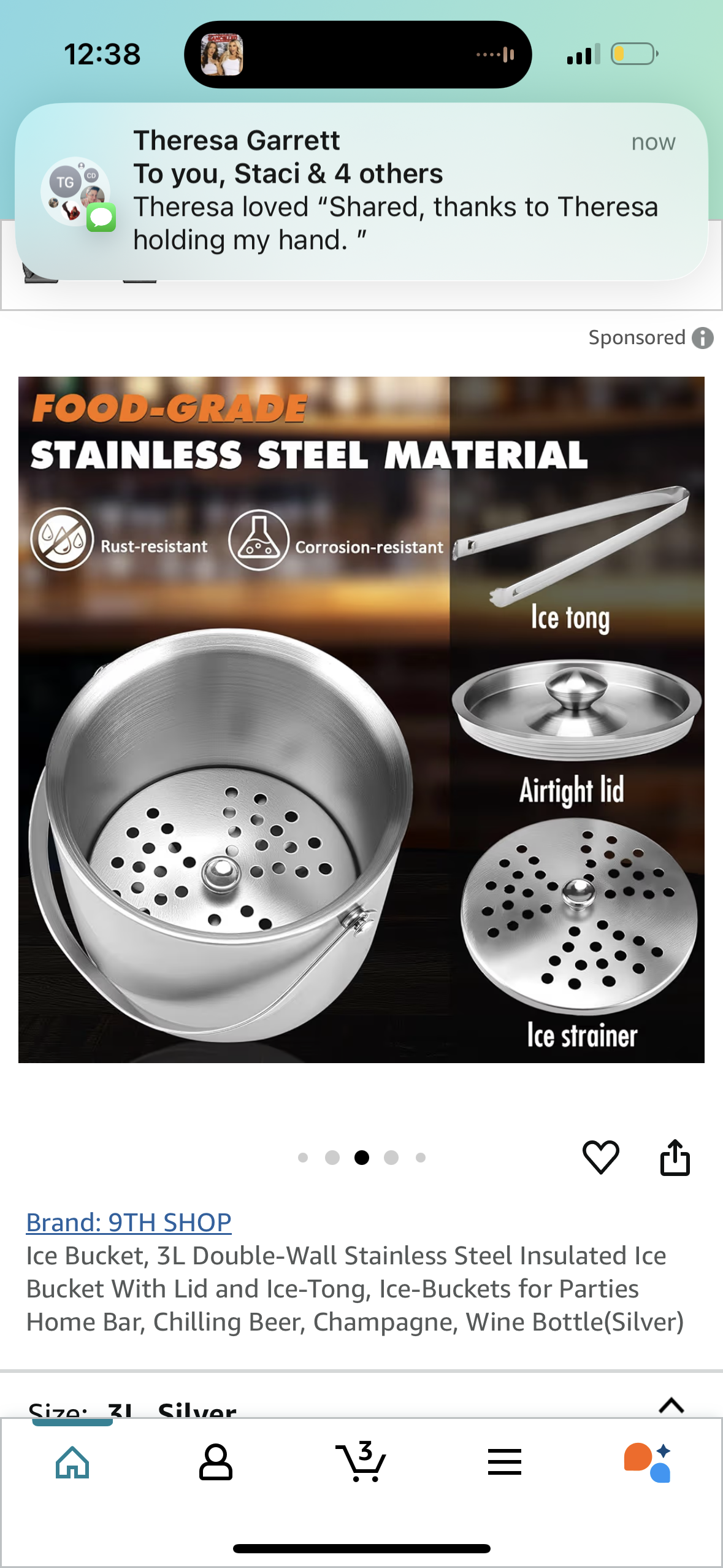 Ice Bucket, 3L Double-Wall Stainless Steel Insulated Ice Bucket With Lid and Ice-Tong, Ice-Buckets for Parties Home Bar, Chilling Beer, Champagne, Wine Bottle(Silver)