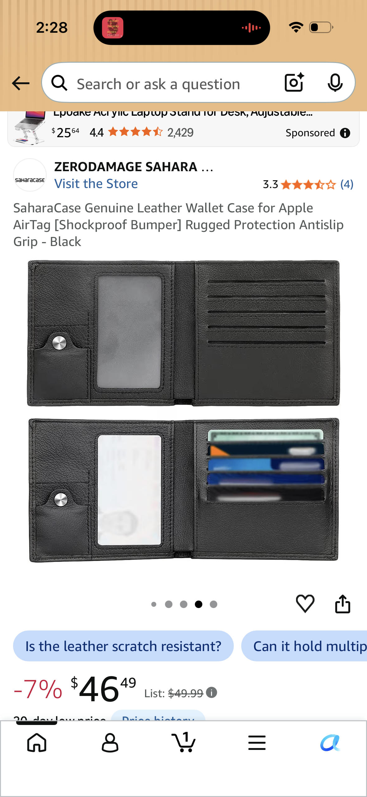 SaharaCase Genuine Leather Wallet Case for Apple AirTag [Shockproof Bumper] Rugged Protection Antislip Grip - Black