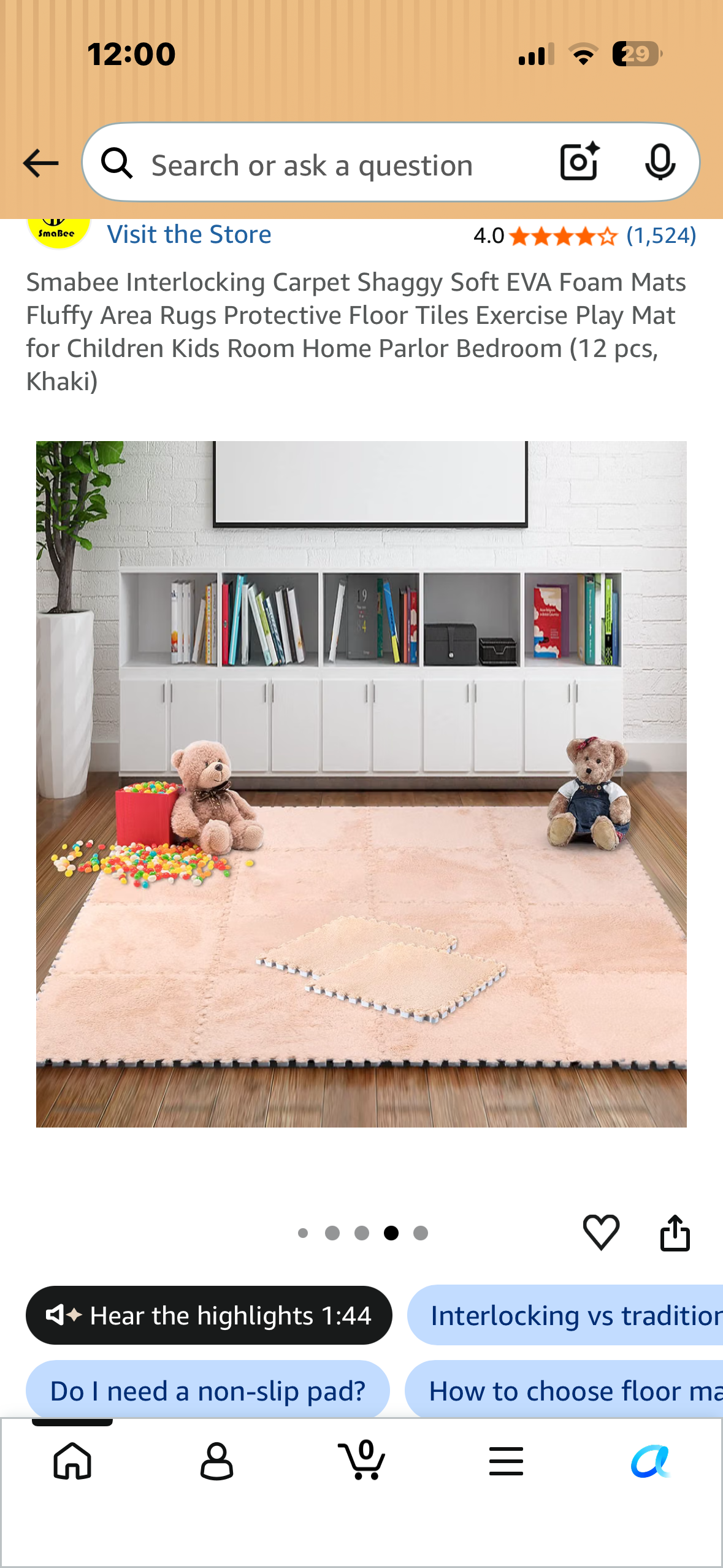 Interlocking Carpet Squared, Shaggy, Soft EVA Foam Mats, Fluffy Area Rug, Protective Floor Tiles, Exercise, Play Mat for Kids Room, Home Parlor, Bedroom (12 pcs, Khaki)