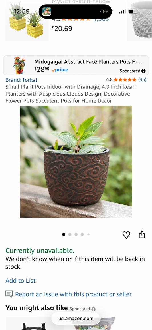 forkai Small Plant Pots Indoor with Drainage, 4.9 Inch Resin Planters with Auspicious Clouds Design, Decorative Flower Pots Succulent Pots for Home Decor