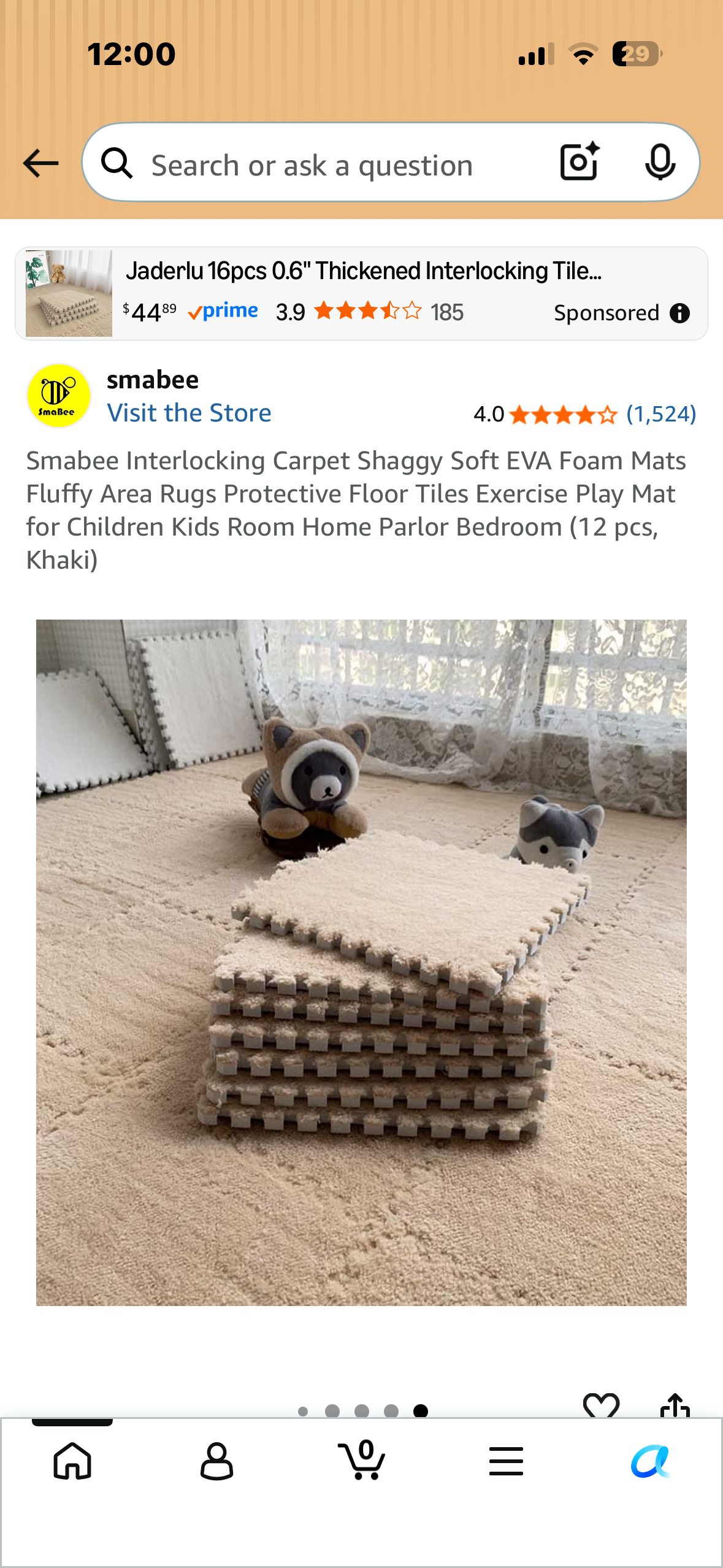 Interlocking Carpet Squared, Shaggy, Soft EVA Foam Mats, Fluffy Area Rug, Protective Floor Tiles, Exercise, Play Mat for Kids Room, Home Parlor, Bedroom (12 pcs, Khaki)