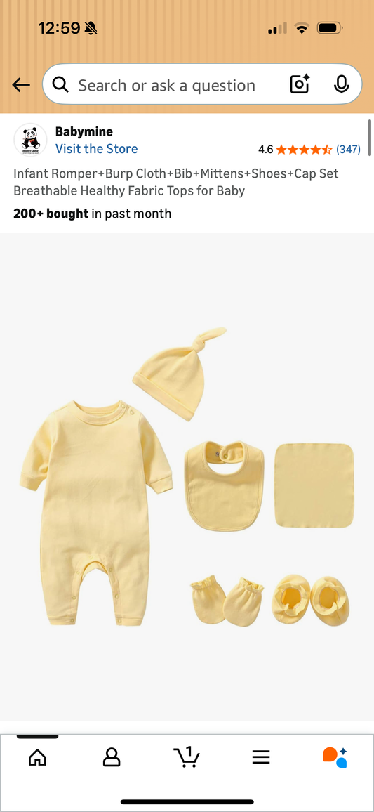 Infant Romper+Burp Cloth+Bib+Mittens+Shoes+Cap Set Breathable Healthy Fabric Tops for Baby (Size 0-3 Months)