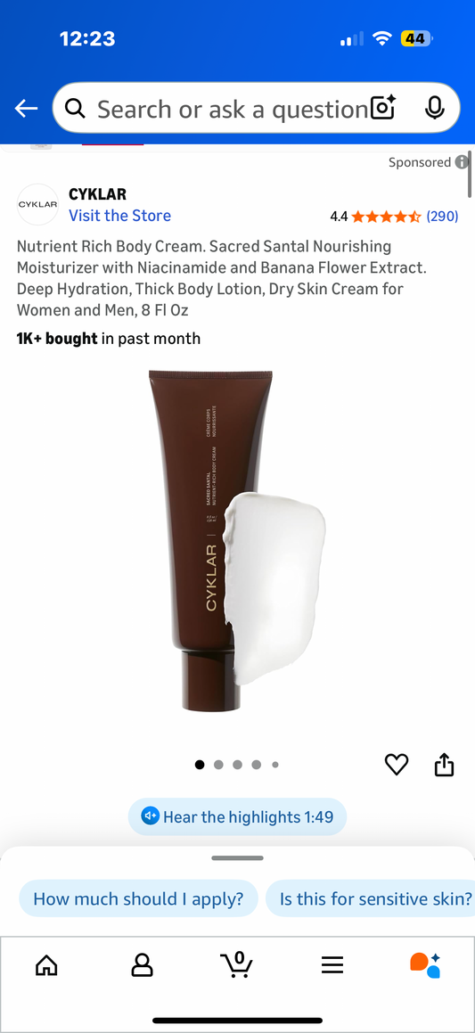 Nutrient Rich Body Cream. Sacred Santal Nourishing Moisturizer with Niacinamide and Banana Flower Extract. Deep Hydration, Thick Body Lotion, Dry Skin Cream for Women and Men, 8 Fl Oz