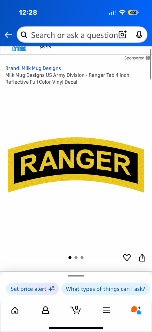 2 packages Milk Mug Designs US Army Division - Ranger Tab 4 inch Reflective Full Color Vinyl Decal