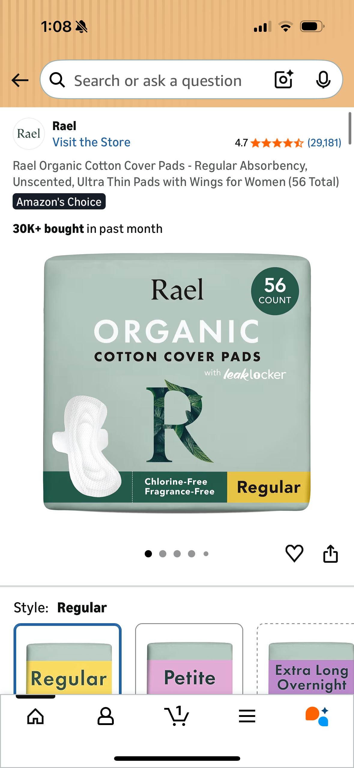 Rael Organic Cotton Cover Pads - Regular Absorbency, Unscented, Ultra Thin Pads with Wings for Women (56 Total)