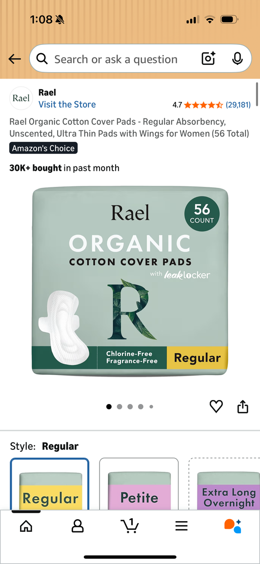 Rael Organic Cotton Cover Pads - Regular Absorbency, Unscented, Ultra Thin Pads with Wings for Women (56 Total)