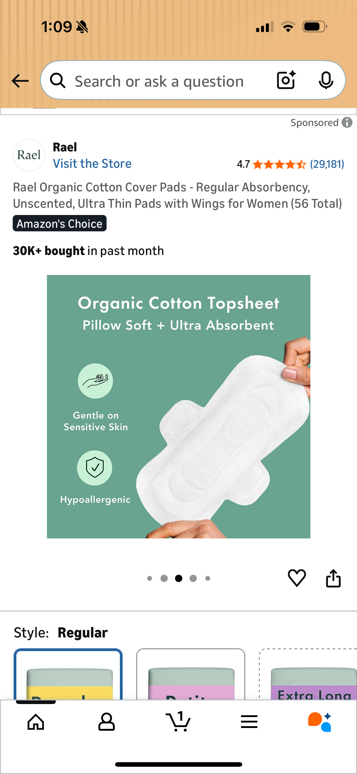 Rael Organic Cotton Cover Pads - Regular Absorbency, Unscented, Ultra Thin Pads with Wings for Women (56 Total)