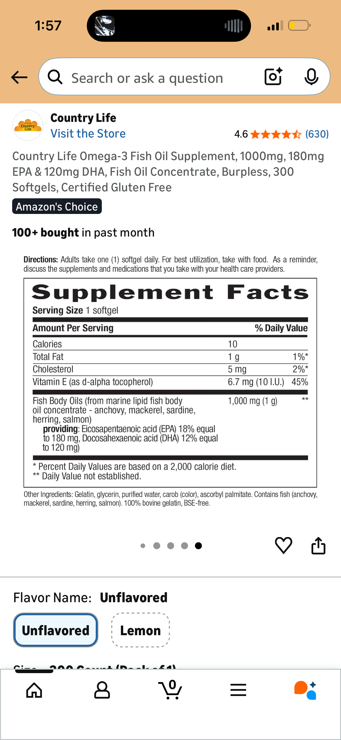 Country Life Omega-3 Fish Oil Supplement, 1000mg, 180mg EPA & 120mg DHA, Fish Oil Concentrate, Burpless, 300 Softgels, Certified Gluten Free