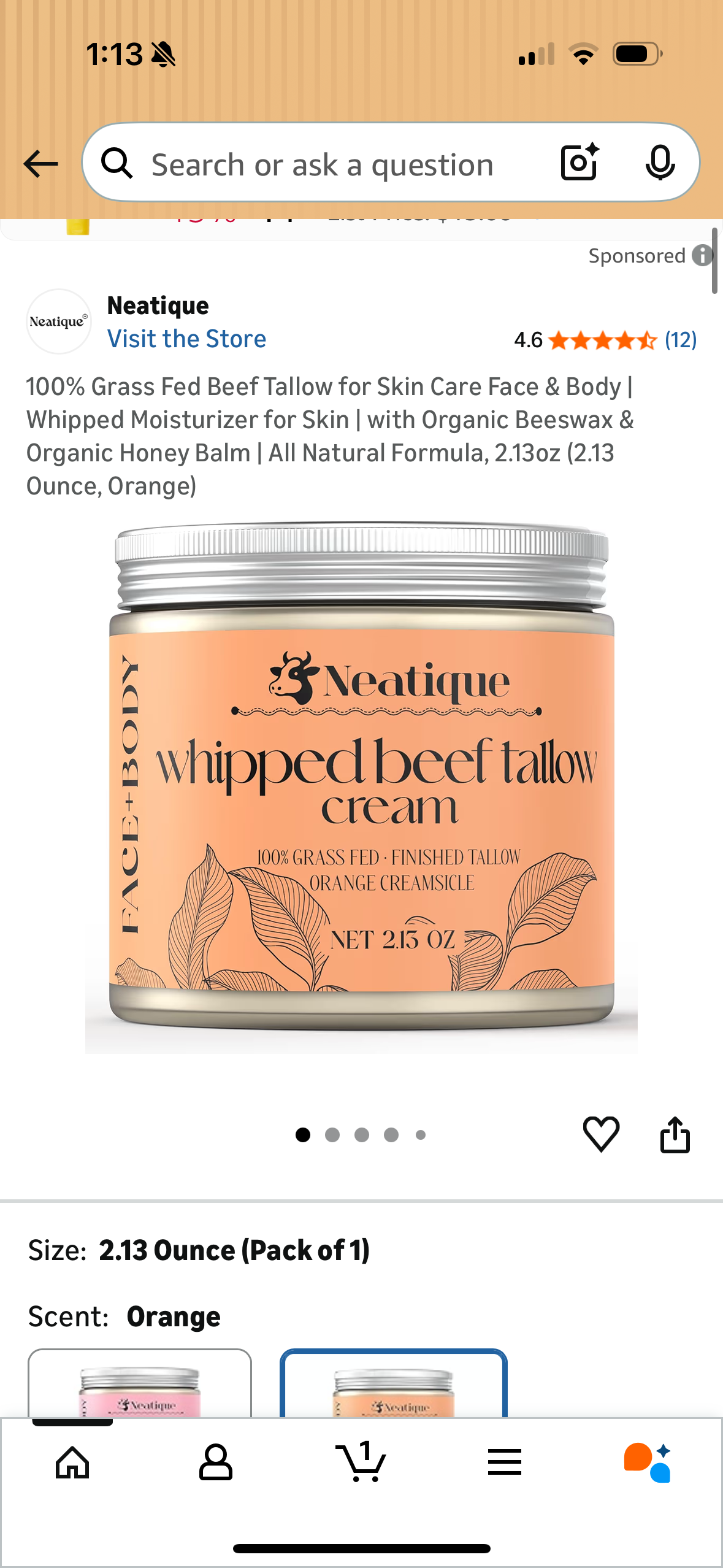 100% Grass Fed Beef Tallow for Skin Care Face & Body | Whipped Moisturizer for Skin | with Organic Beeswax & Organic Honey Balm | All Natural Formula, 2.13oz (2.13 Ounce, Orange)
