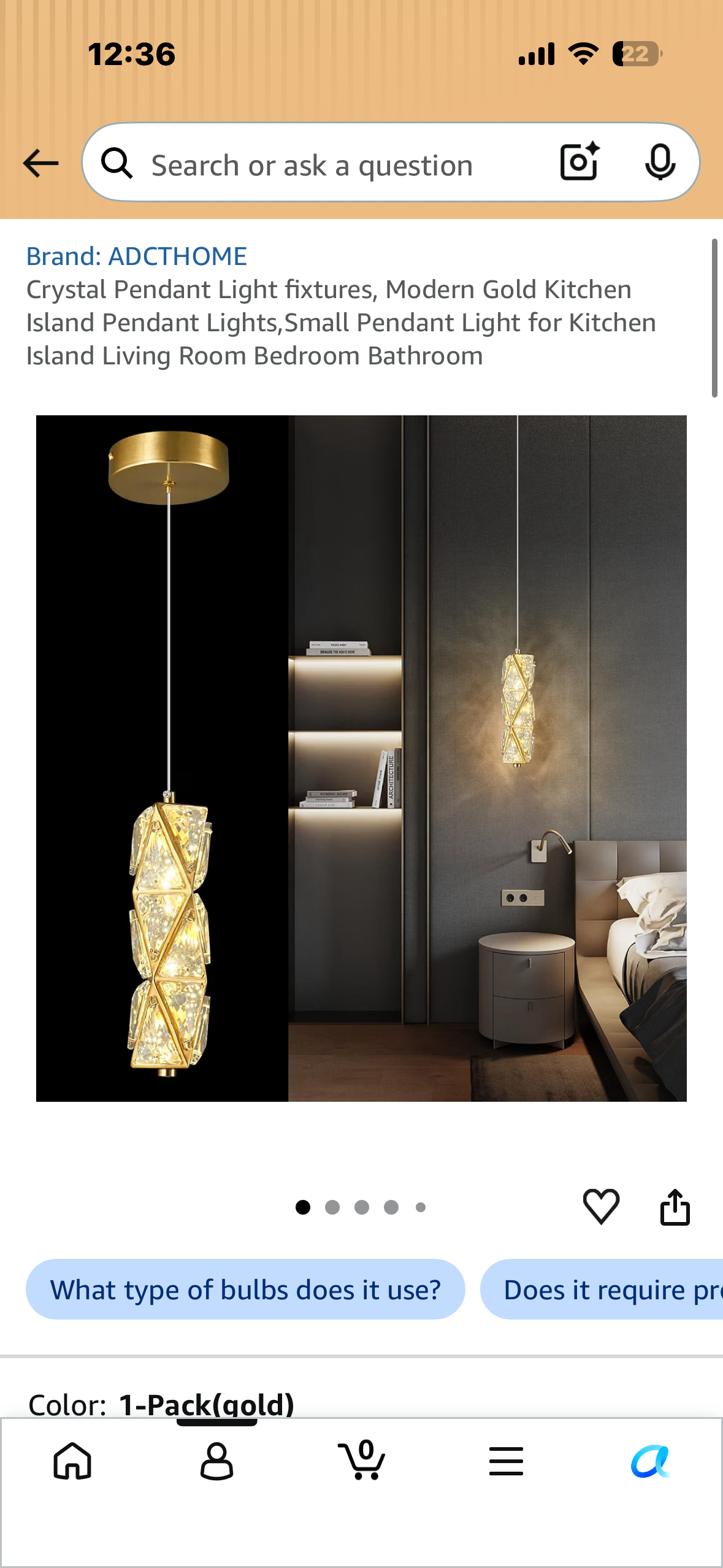 Crystal Pendant Light fixture, Modern Gold Pendant Light, Small Pendant Light for Kitchen Island, Living Room  Bedroom, Bathroom