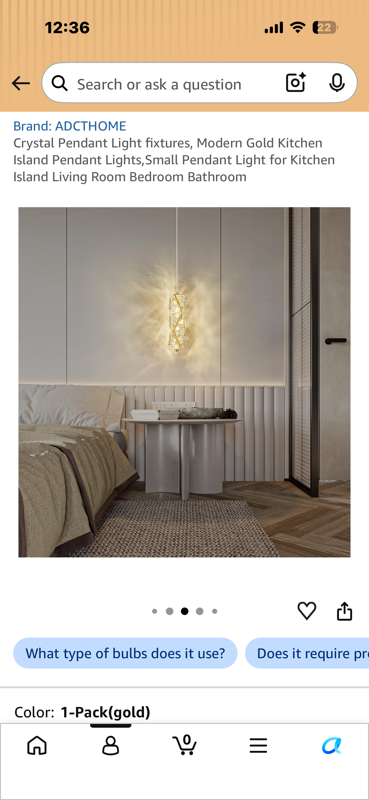 Crystal Pendant Light fixture, Modern Gold Pendant Light, Small Pendant Light for Kitchen Island, Living Room  Bedroom, Bathroom