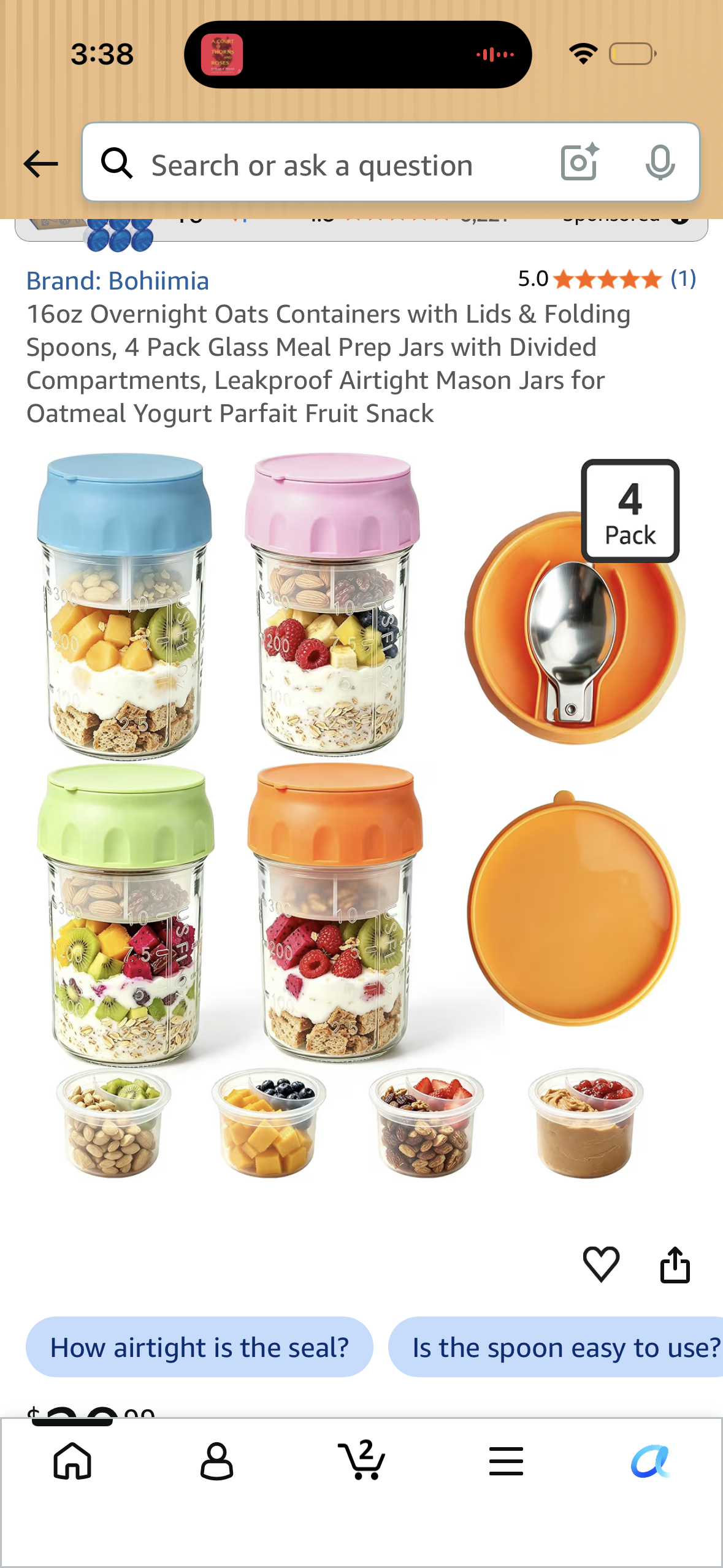 16oz Overnight Oats Containers with Lids & Folding Spoons, 4 Pack Glass Meal Prep Jars with Divided Compartments, Leakproof Airtight Mason Jars for Oatmeal Yogurt Parfait Fruit Snack