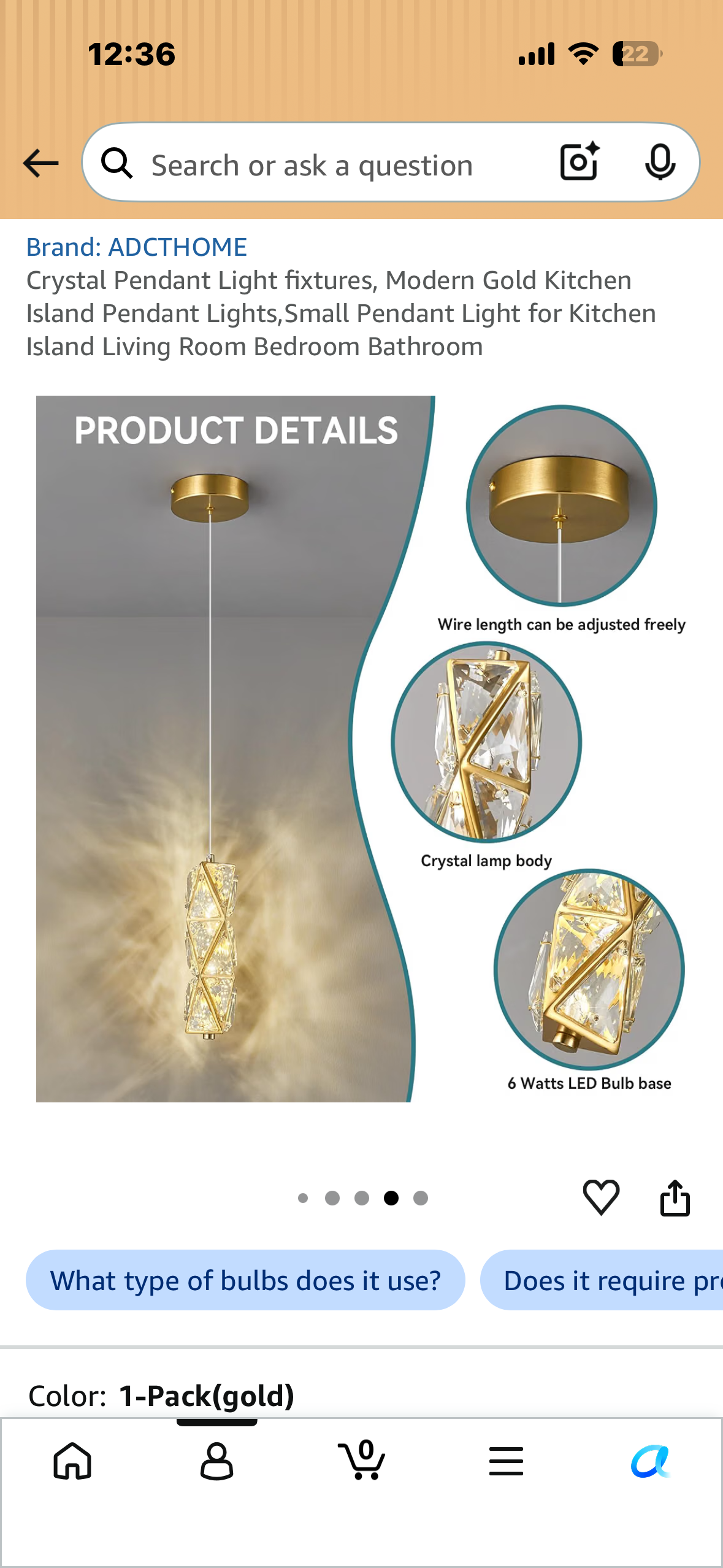 Crystal Pendant Light fixture, Modern Gold Pendant Light, Small Pendant Light for Kitchen Island, Living Room  Bedroom, Bathroom