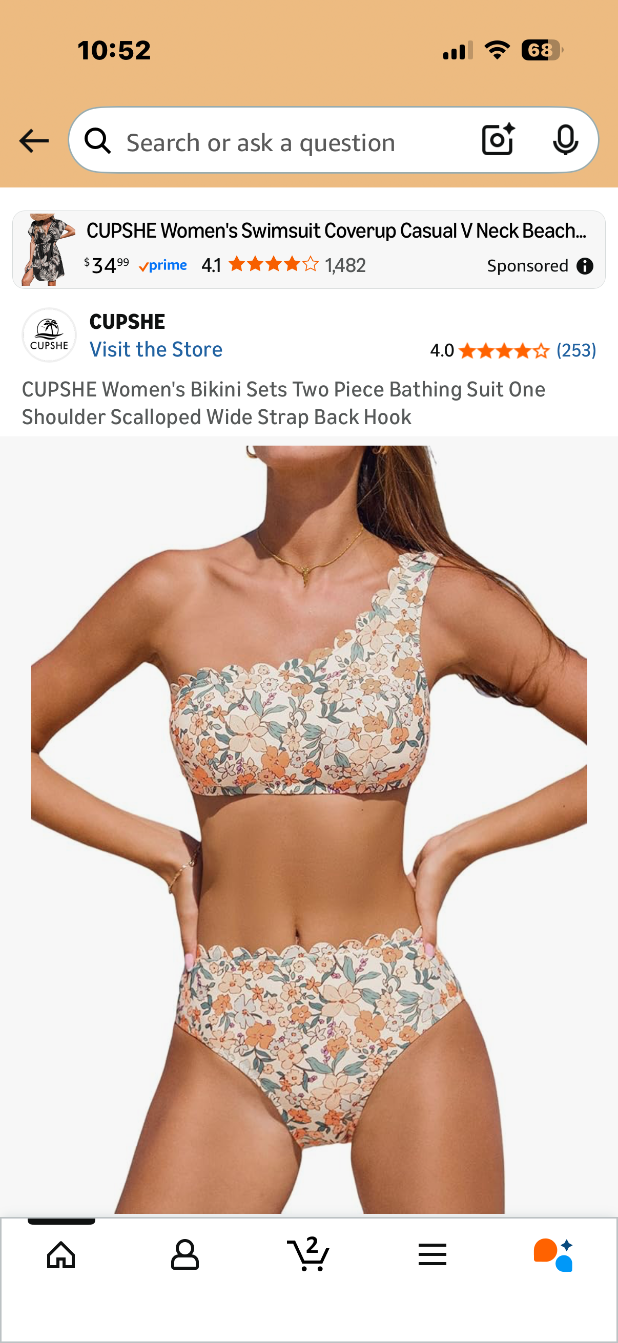 CUPSHE Women's Bikini Sets Two Piece Bathing Suit One Shoulder Scalloped Wide Strap Back Hook (Size XL)