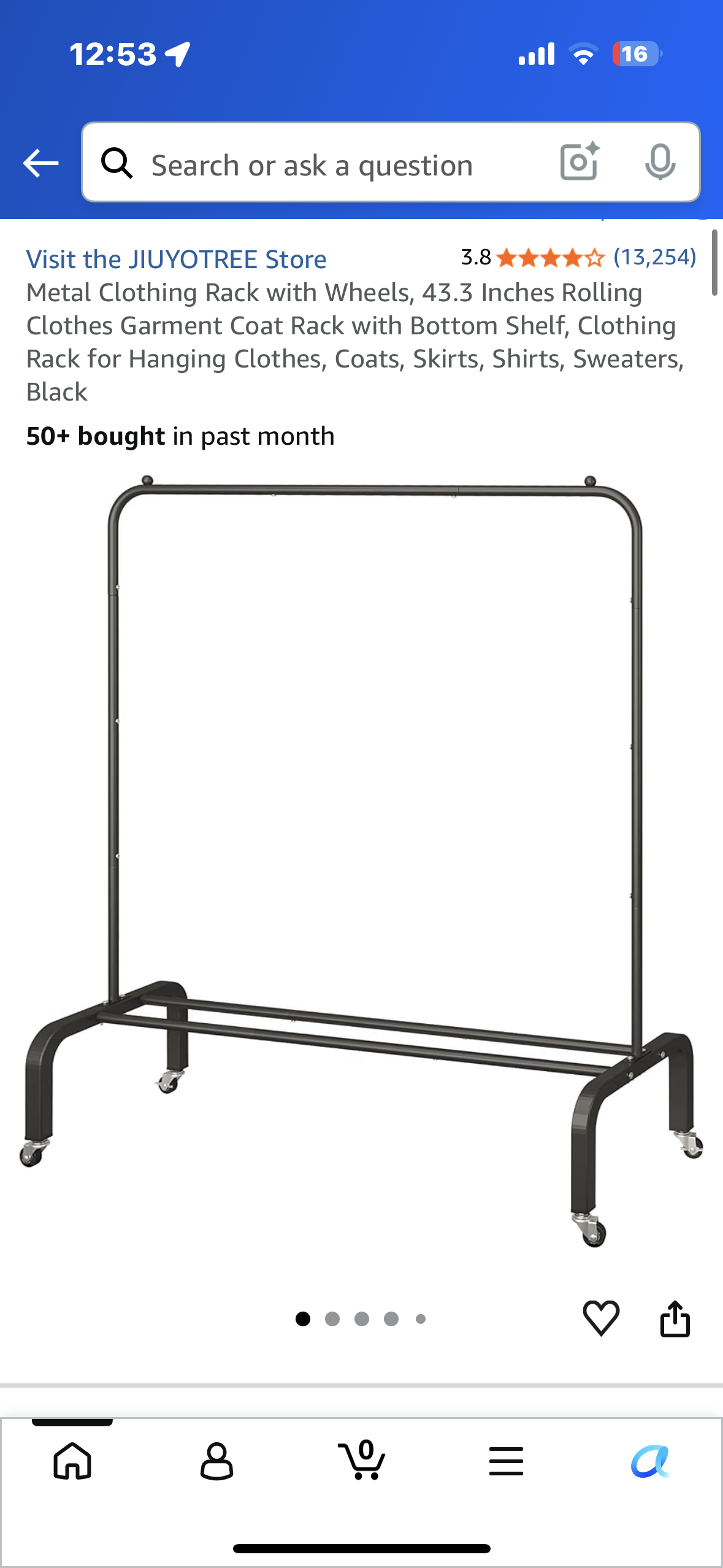 Metal Clothing Rack with Wheels, 43.3 Inches Rolling Clothes Garment Coat Rack with Bottom Shelf, Clothing Rack for Hanging Clothes, Coats, Skirts, Shirts, Sweaters, Black