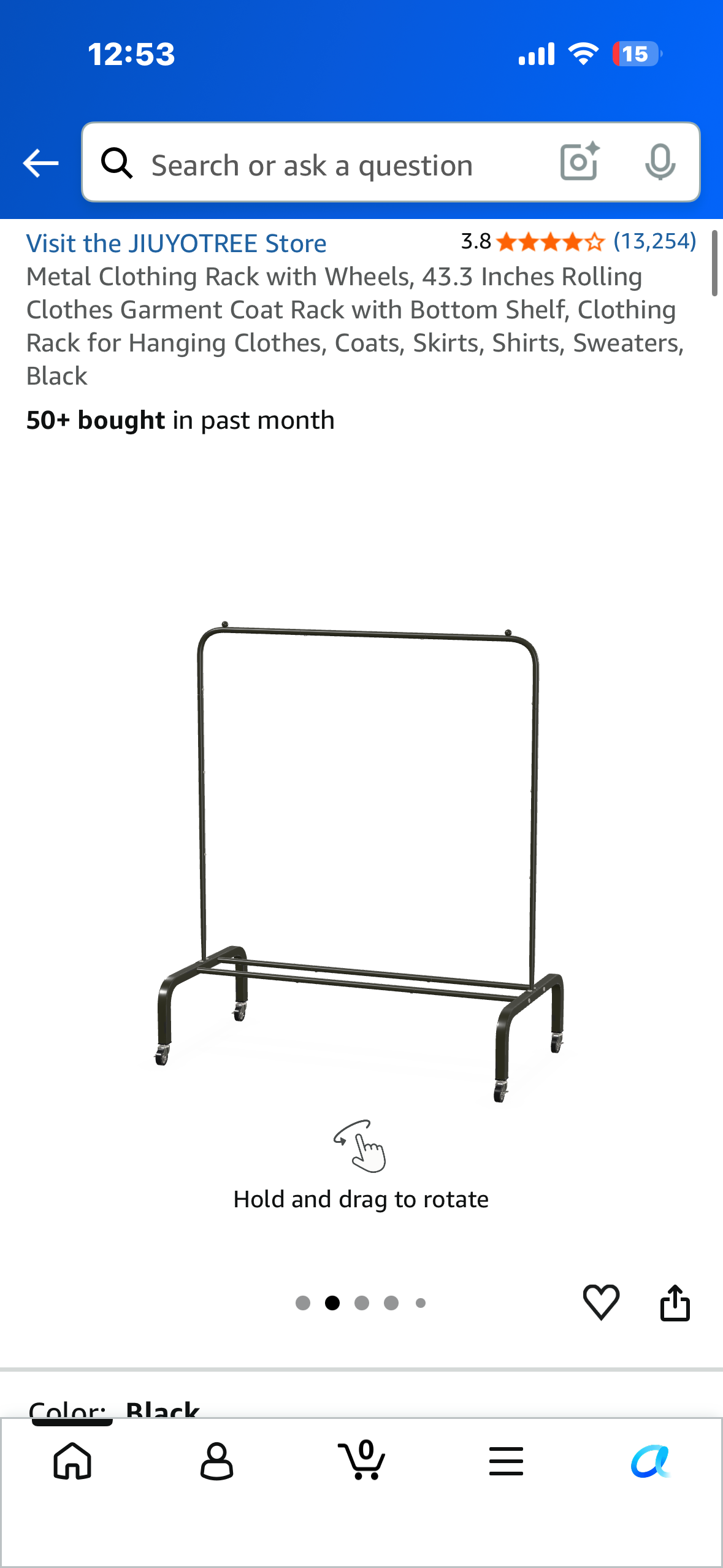 Metal Clothing Rack with Wheels, 43.3 Inches Rolling Clothes Garment Coat Rack with Bottom Shelf, Clothing Rack for Hanging Clothes, Coats, Skirts, Shirts, Sweaters, Black
