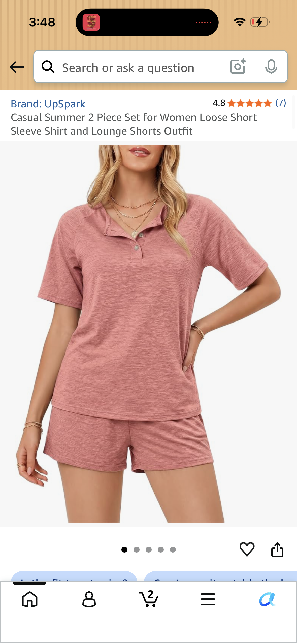 Casual Summer 2 Piece Set for Women Loose Short Sleeve Shirt and Lounge Shorts Outfit (Size Medium)