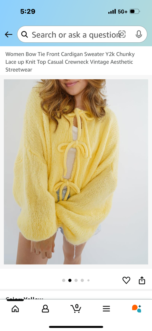Women Yellow Bow Tie Cardigan (Size Small)