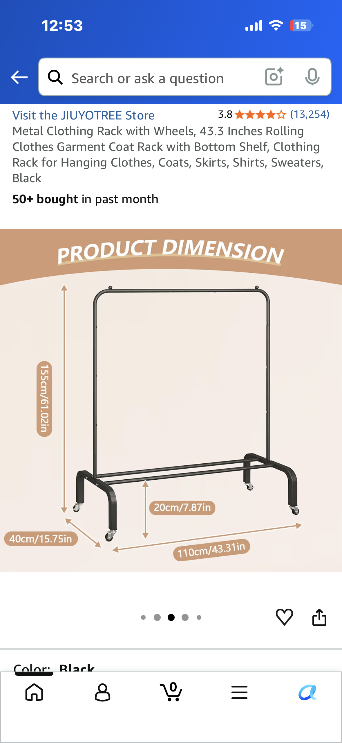 Metal Clothing Rack with Wheels, 43.3 Inches Rolling Clothes Garment Coat Rack with Bottom Shelf, Clothing Rack for Hanging Clothes, Coats, Skirts, Shirts, Sweaters, Black