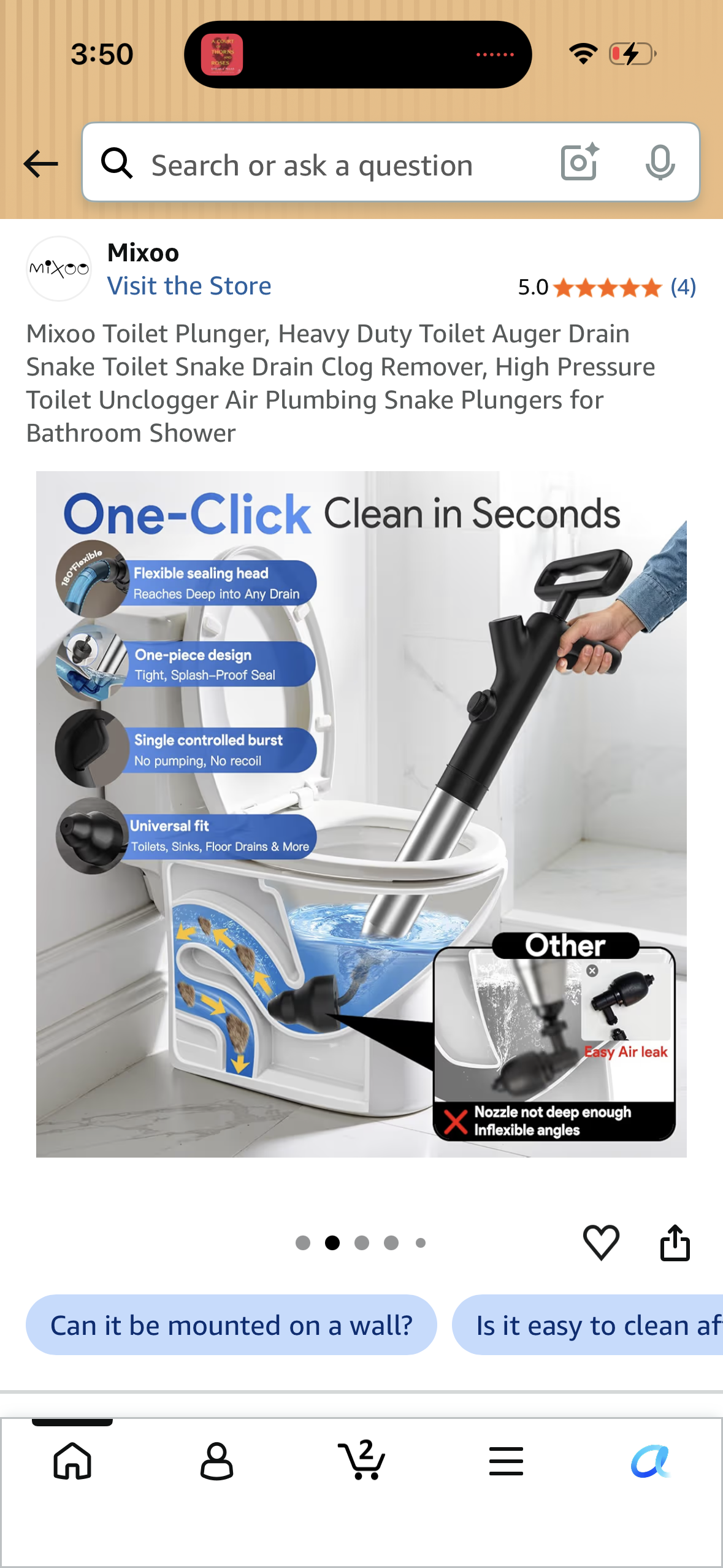 Mixoo Toilet Plunger, Heavy Duty Toilet Auger Drain Snake Toilet Snake Drain Clog Remover, High Pressure Toilet Unclogger Air Plumbing Snake Plungers for Bathroom Shower
