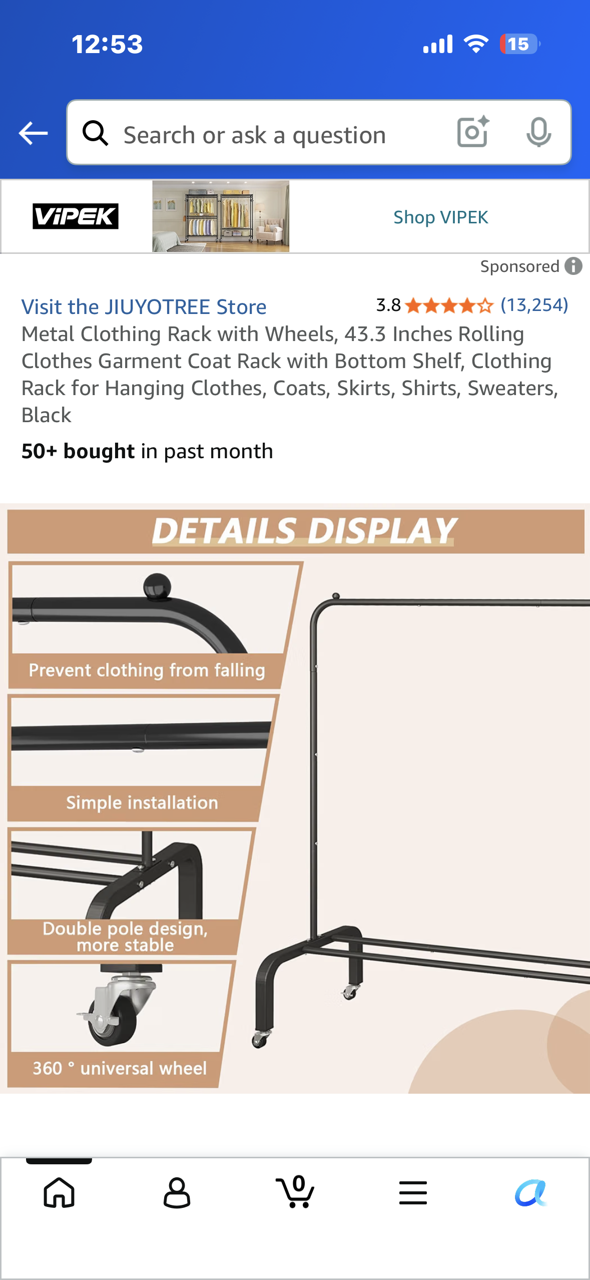 Metal Clothing Rack with Wheels, 43.3 Inches Rolling Clothes Garment Coat Rack with Bottom Shelf, Clothing Rack for Hanging Clothes, Coats, Skirts, Shirts, Sweaters, Black