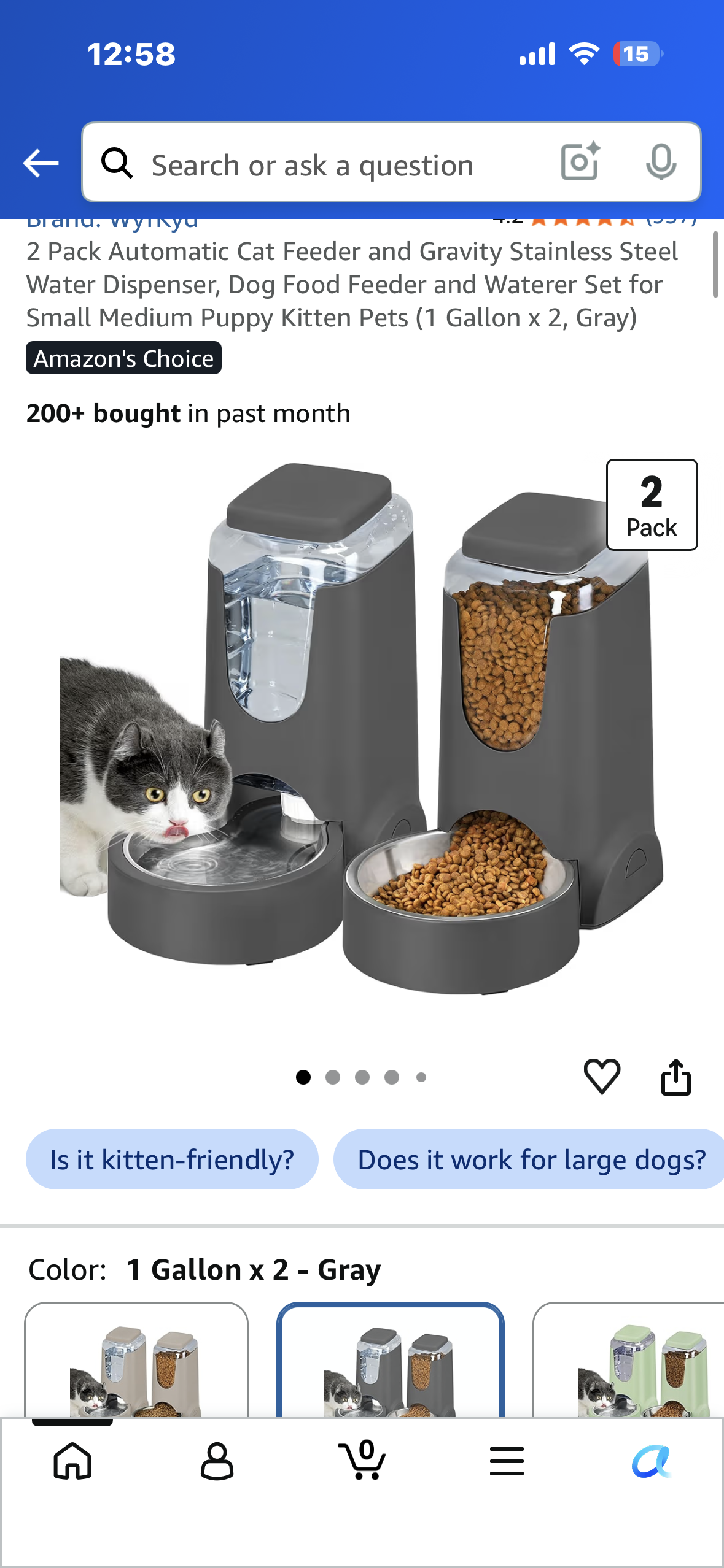 2 Pack Automatic Cat Feeder and Gravity Stainless Steel Water Dispenser, Dog Food Feeder and Waterer Set for Small Medium Puppy Kitten Pets (1 Gallon x 2, Gray)