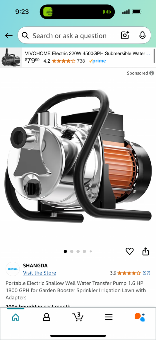 Portable Electric Shallow Well Water Transfer Pump 1.6 HP 1800 GPH for Garden Booster Sprinkler Irrigation Lawn with Adapters